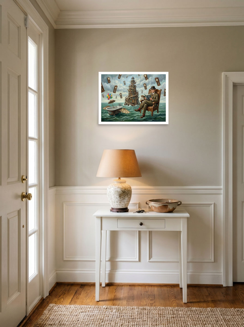 A 24x18 inch unframed paper Surrealism print of 'Reading in the Sea of Time' hanging in an entryway near a console.