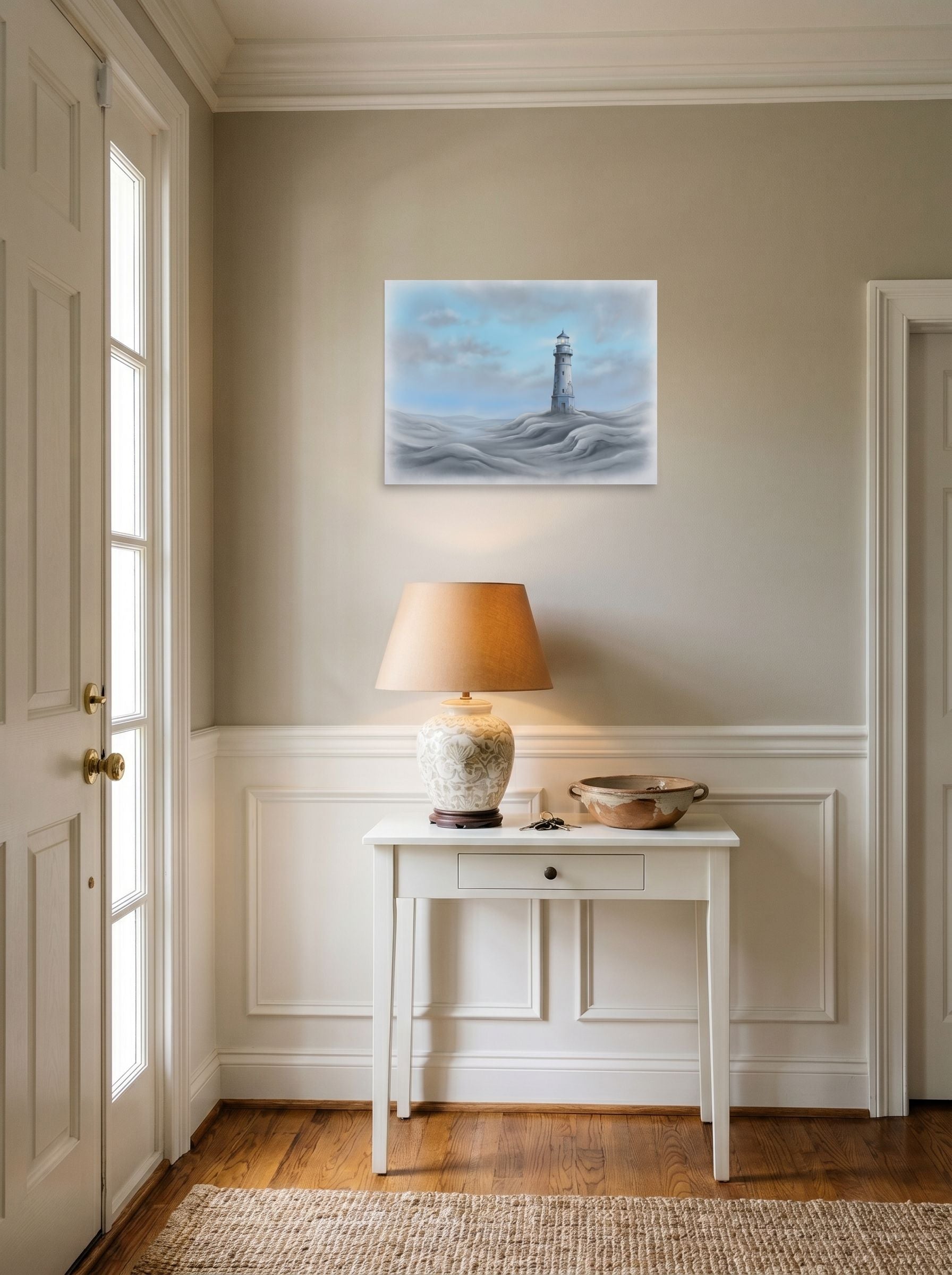A 24x18 inch unframed paper Realism print of 'The Silent Beacon' hanging in an entryway near a console.