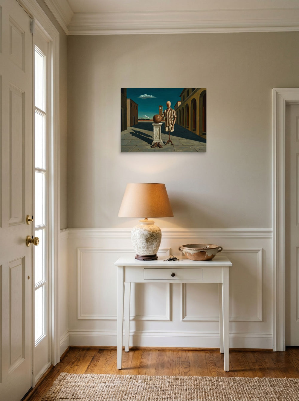 A 24x18 inch unframed paper Metaphysical painting print of 'The Athlete's Illusion' hanging in an entryway near a console.