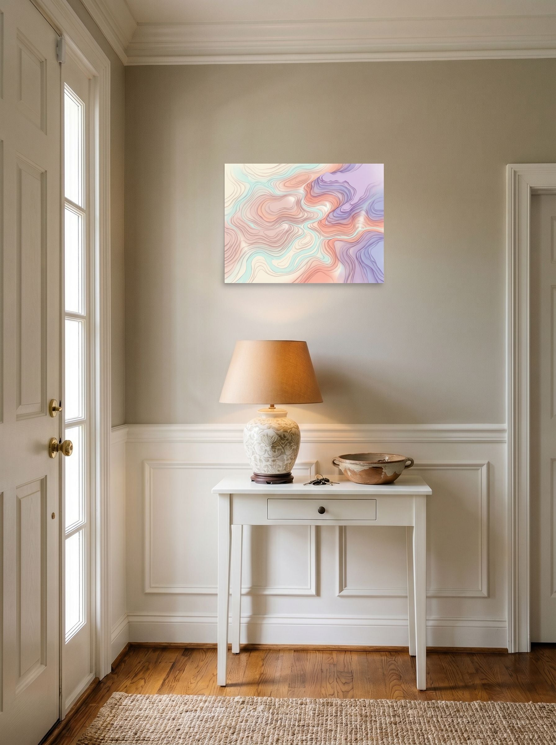 A 24x18 inch unframed paper Abstract art,Geometric abstract art print of 'Pastel Topography' hanging in an entryway near a console.