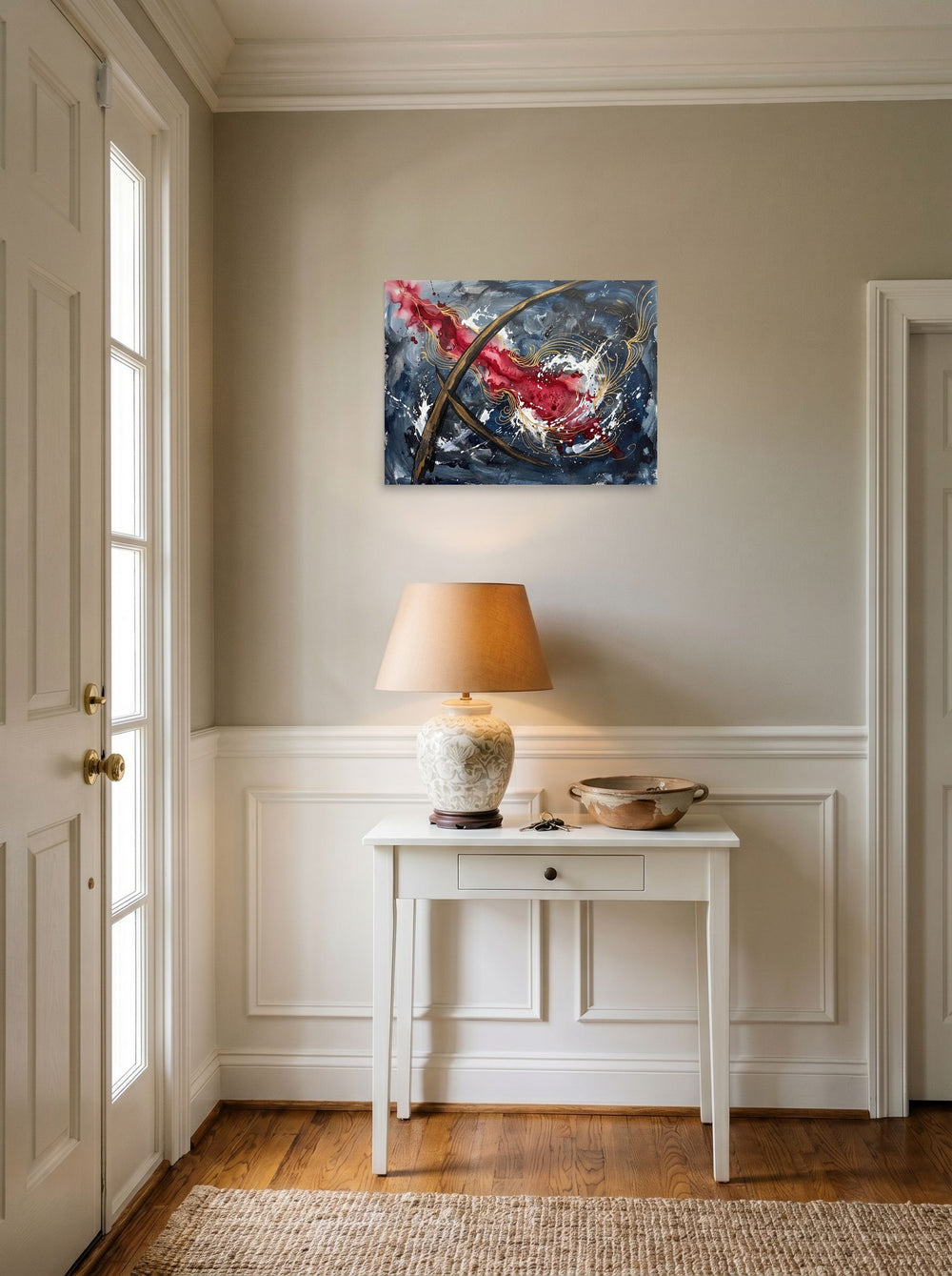 'Crimson Arcs & Slate Echoes', a Abstract expressionism print hanging in an entryway near a console. Shown as unframed paper, 24x18 inch.