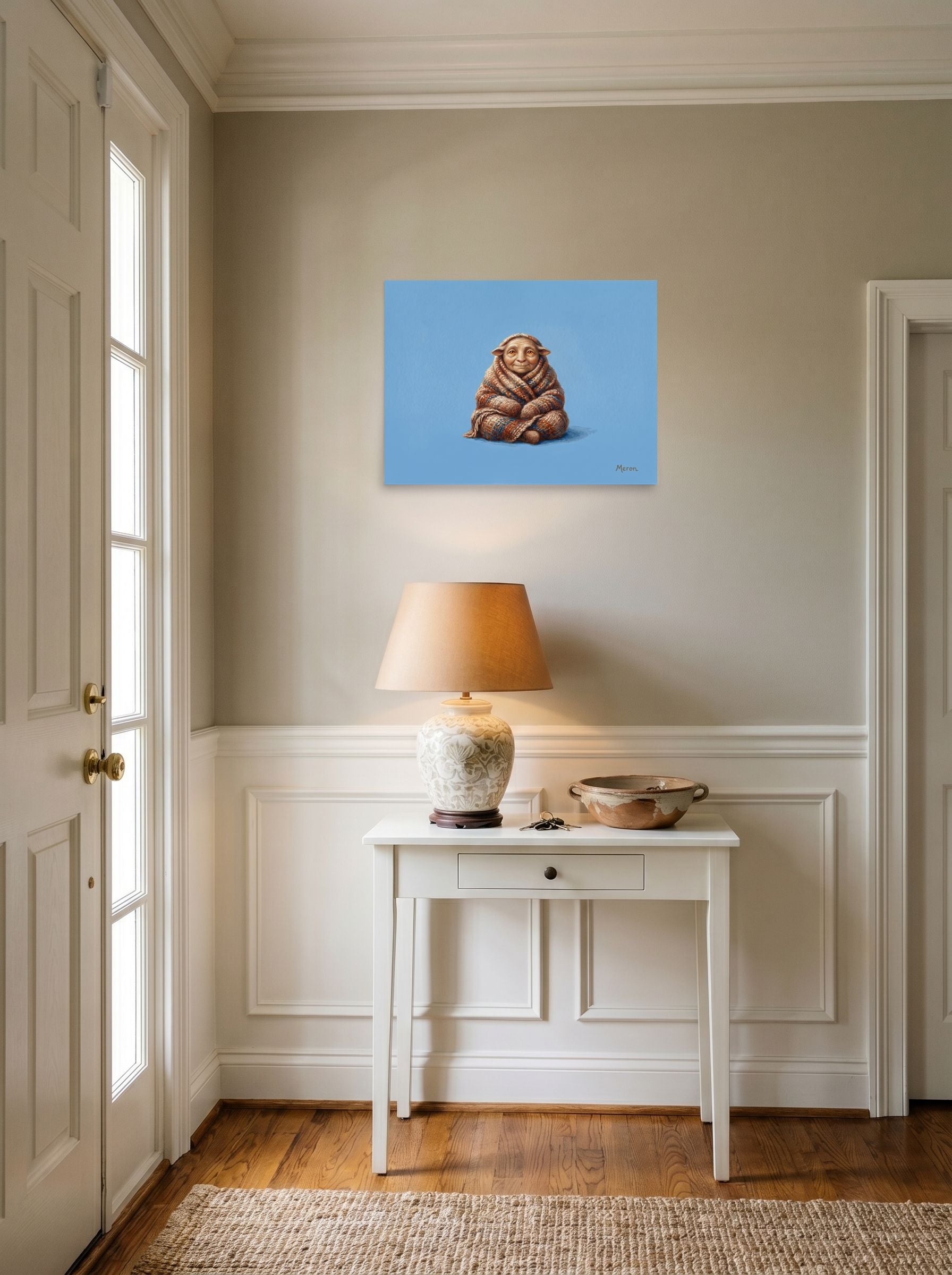 A 24x18 inch unframed paper Figurative art,Magic realism print of 'The Cozy Gnome' hanging in an entryway near a console.