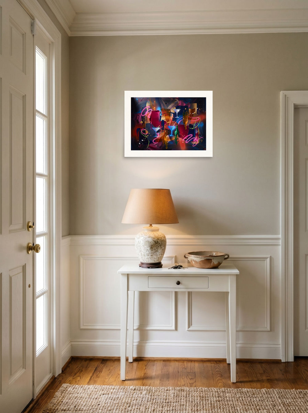 'Midnight Lounge Impasto' set against a bright entryway wall. A 24x18 inch unframed paper Pop art print.
