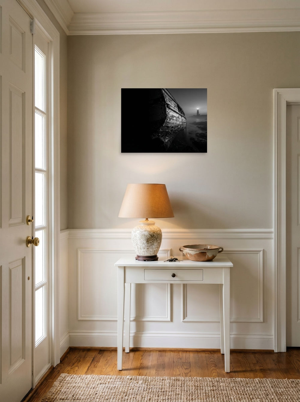 A 24x18 inch unframed paper Art photography print of 'Final Anchor' hanging in an entryway near a console.
