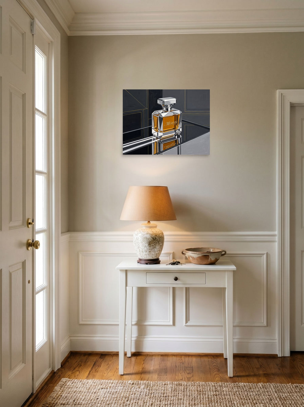 A 24x18 inch unframed paper Art Deco print of 'Deco Elixir' hanging in an entryway near a console.
