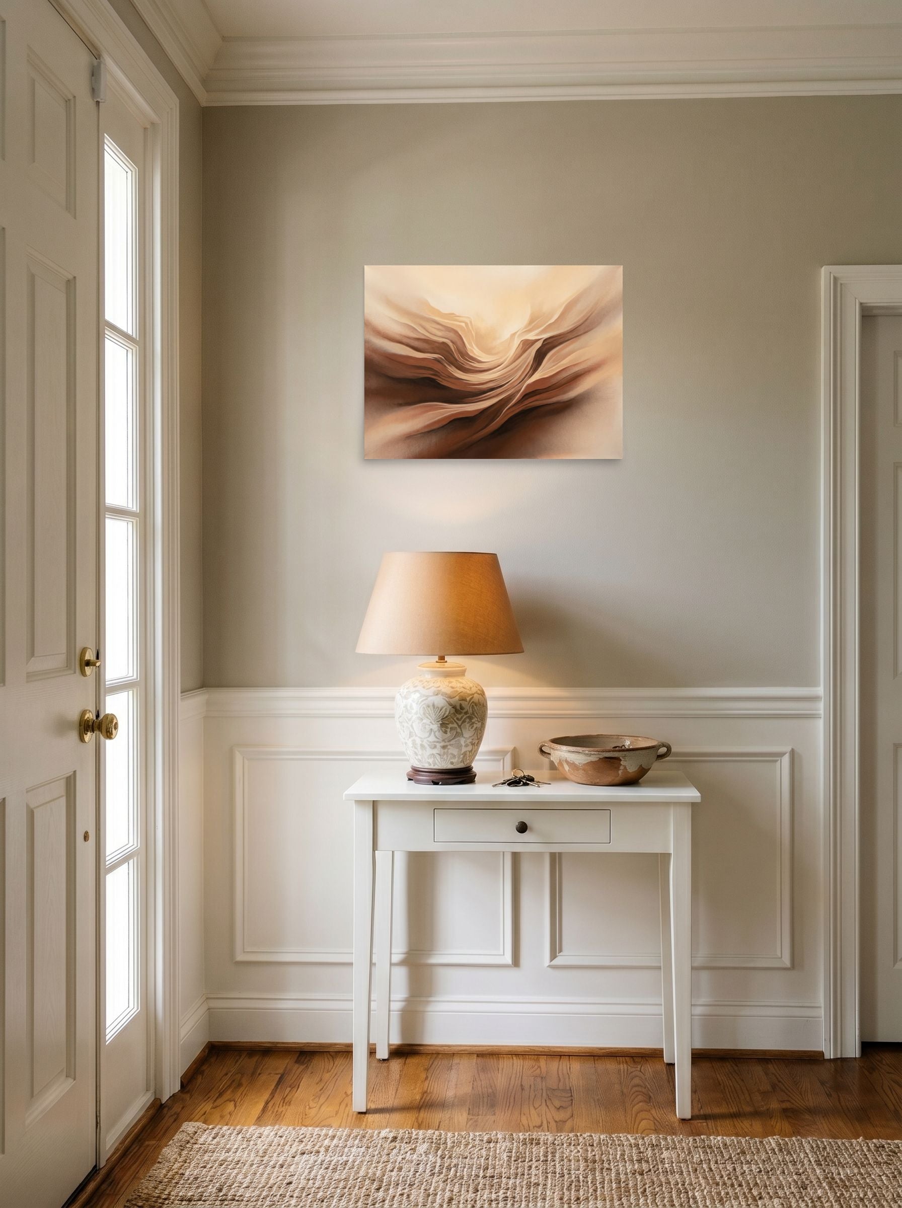 A 24x18 inch unframed paper Abstract art print of 'Earthly Folds' hanging in an entryway near a console.