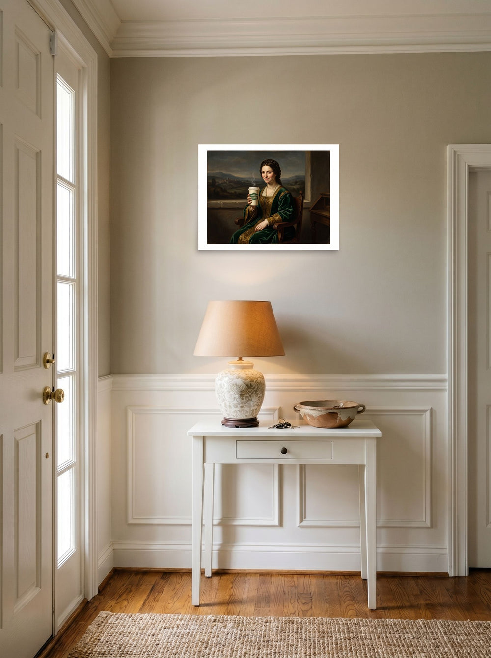 'Cappuccino Santo', a Renaissance print hanging in an entryway near a console. Shown as unframed paper, 24x18 inch.