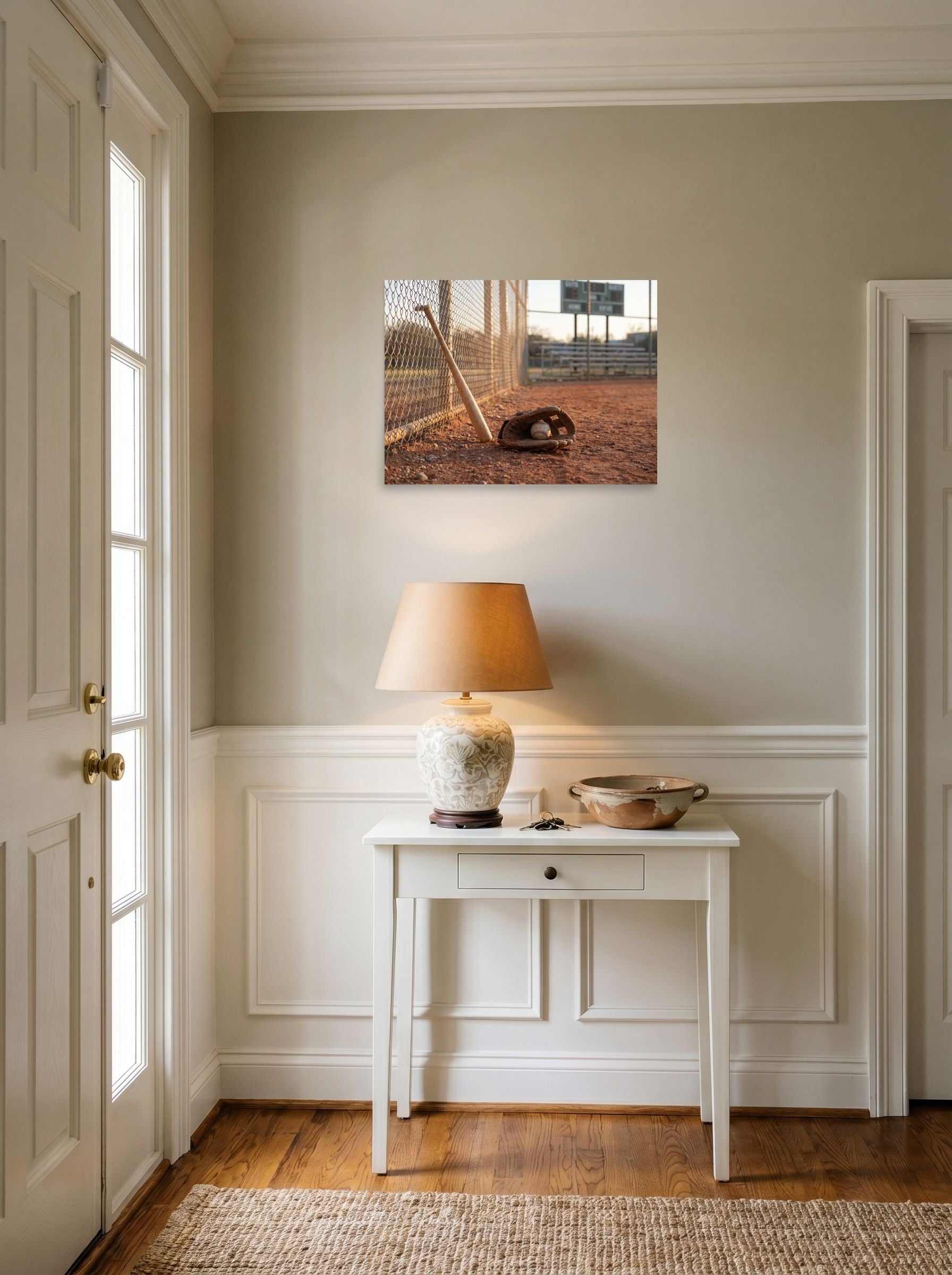 A 24x18 inch unframed paper Art photography print of 'Field of Memories' hanging in an entryway near a console.