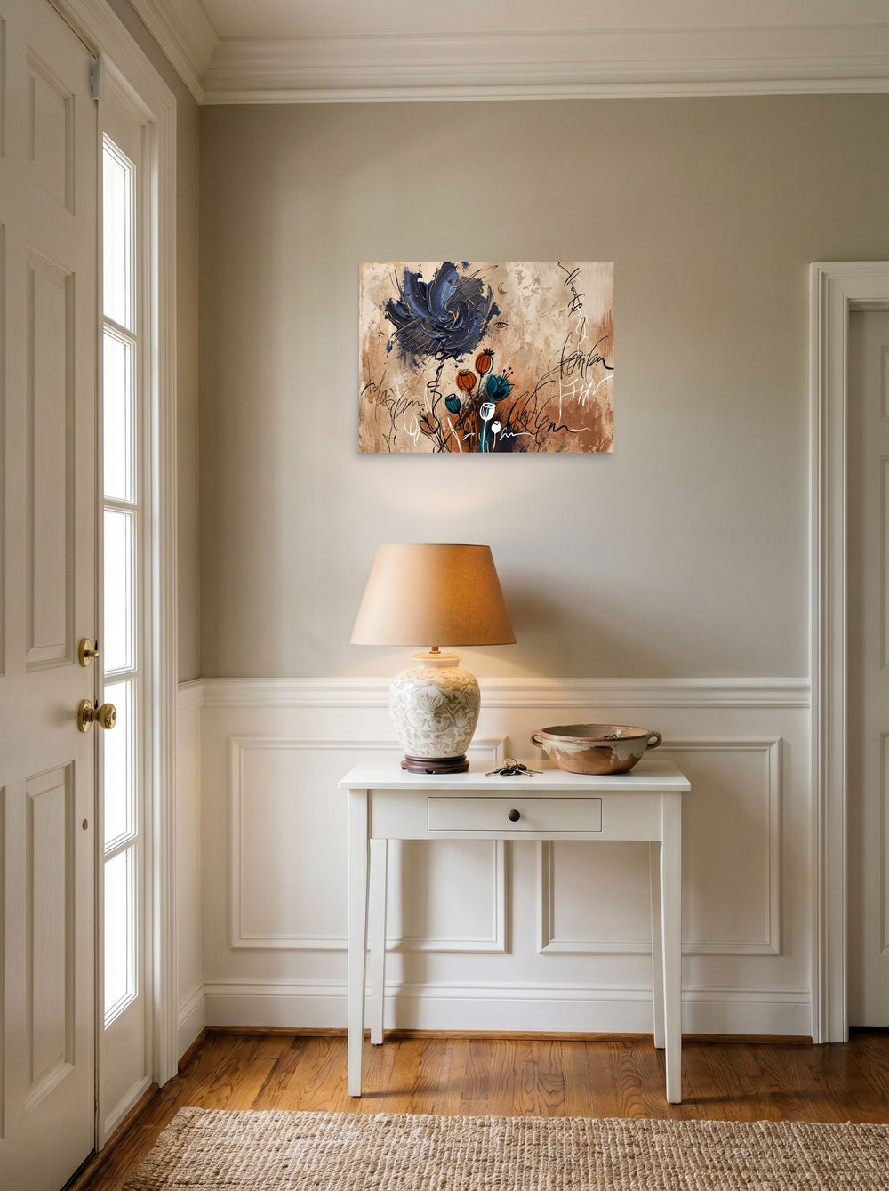 A 24x18 inch unframed paper version of 'Nocturnal Blossom', Dau-al-Set wall art, styled above a console table in an entryway.