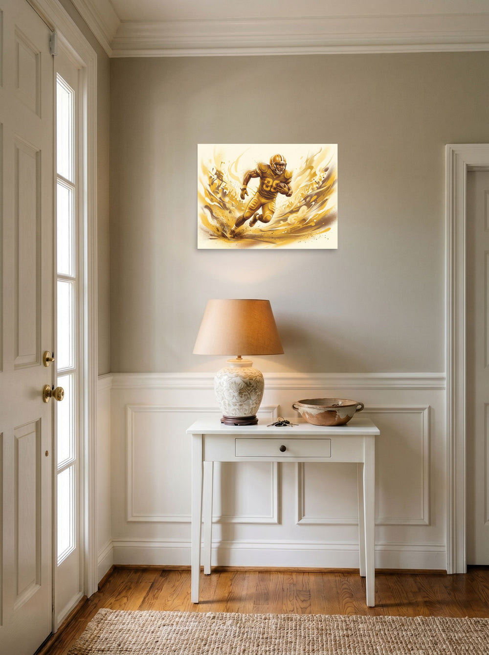 A 24x18 inch unframed paper Figurative art print of 'Golden Gridiron' hanging in an entryway near a console.