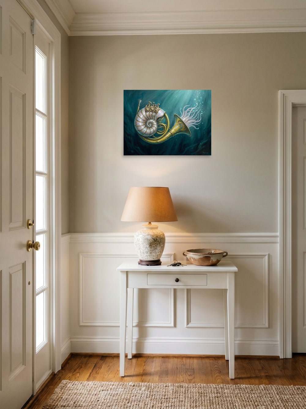 'Nautilus in Brass' as a unframed paper print, 24x18 inch, set against a bright entryway wall.