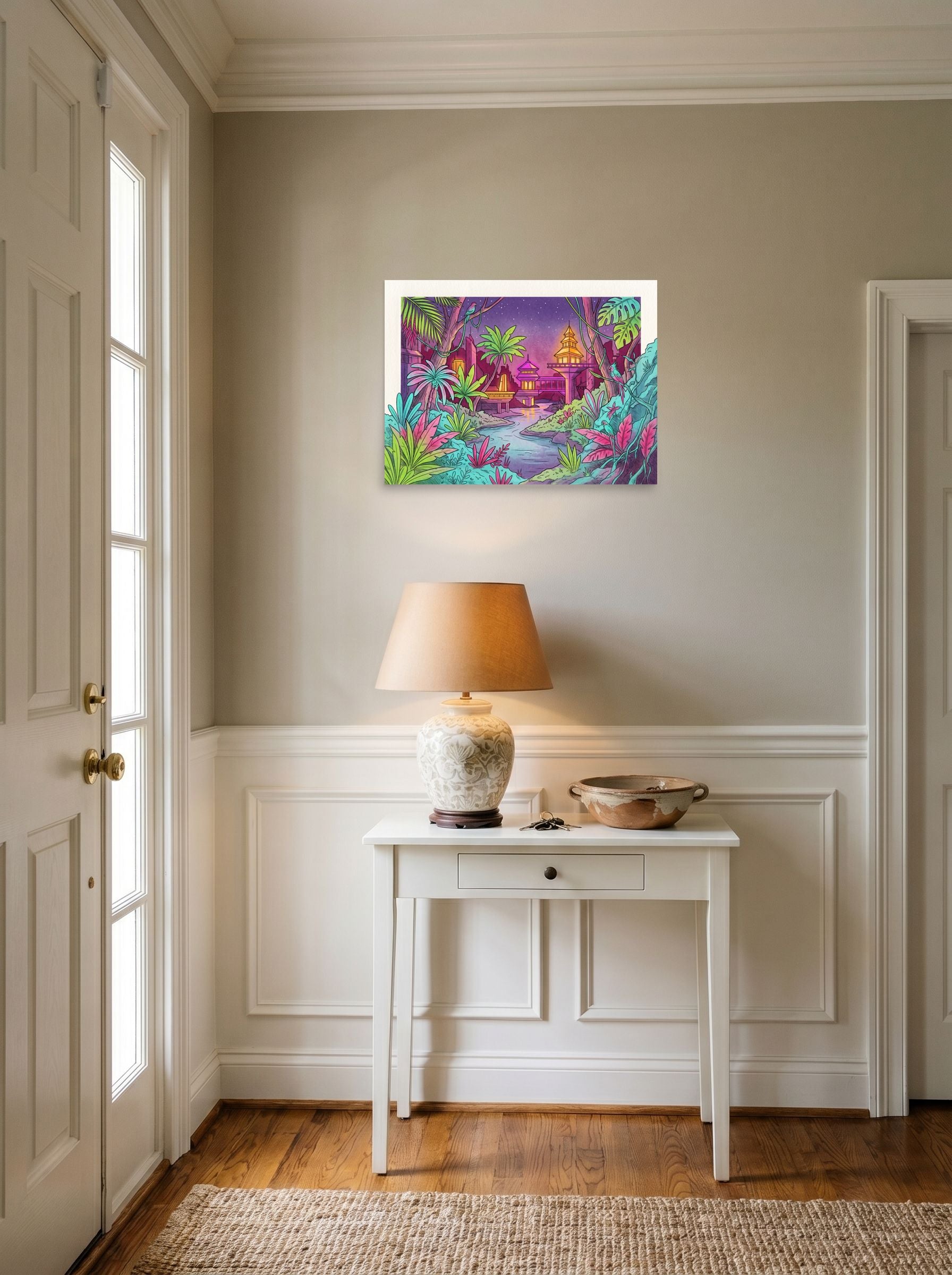 A 24x18 inch unframed paper Retrofuturism,Psychedelic art print of 'Neon Nights in the Jungle' hanging in an entryway near a console.