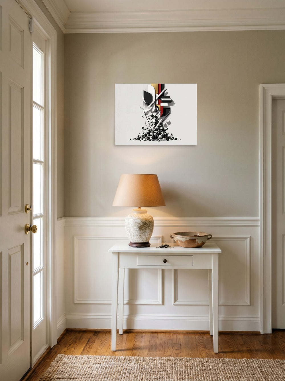 'Cascading Geometric Construct' in 24x18 inch unframed paper, set against a bright entryway wall.