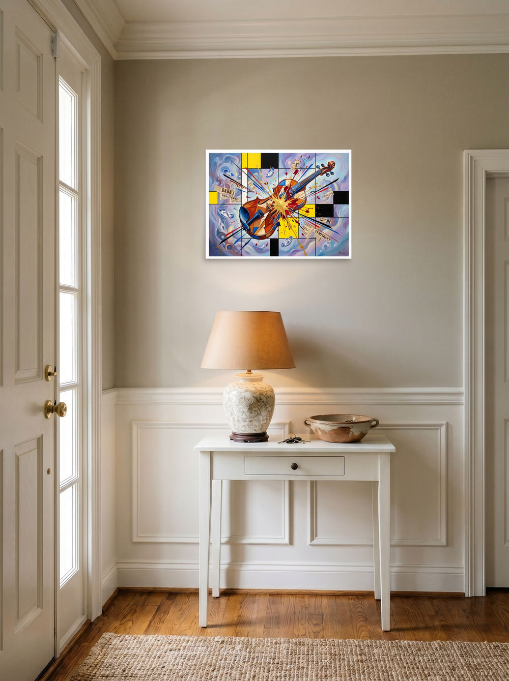 'Fractured Symphony' styled above a console table in an entryway, printed as unframed paper at 24x18 inch.