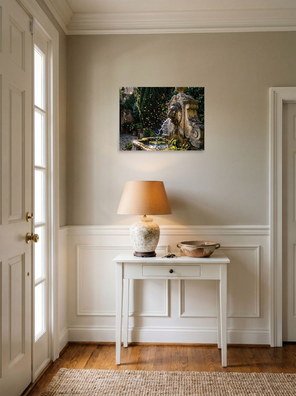 A 24x18 inch unframed paper Art photography print of 'Fountain of the Swarm' hanging in an entryway near a console.
