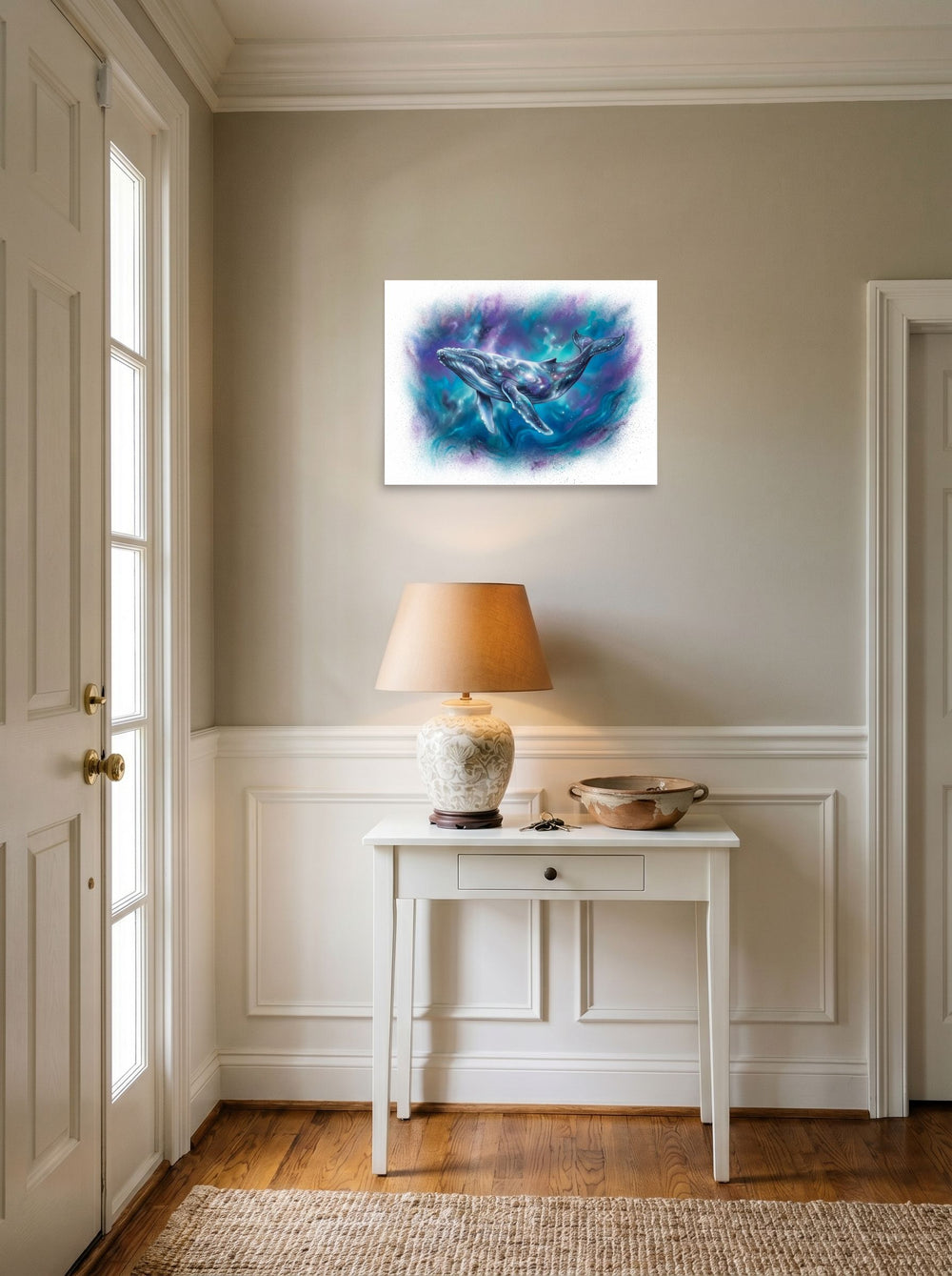 A 24x18 inch unframed paper Fantastic realism print of 'Cosmic Voyager' hanging in an entryway near a console.