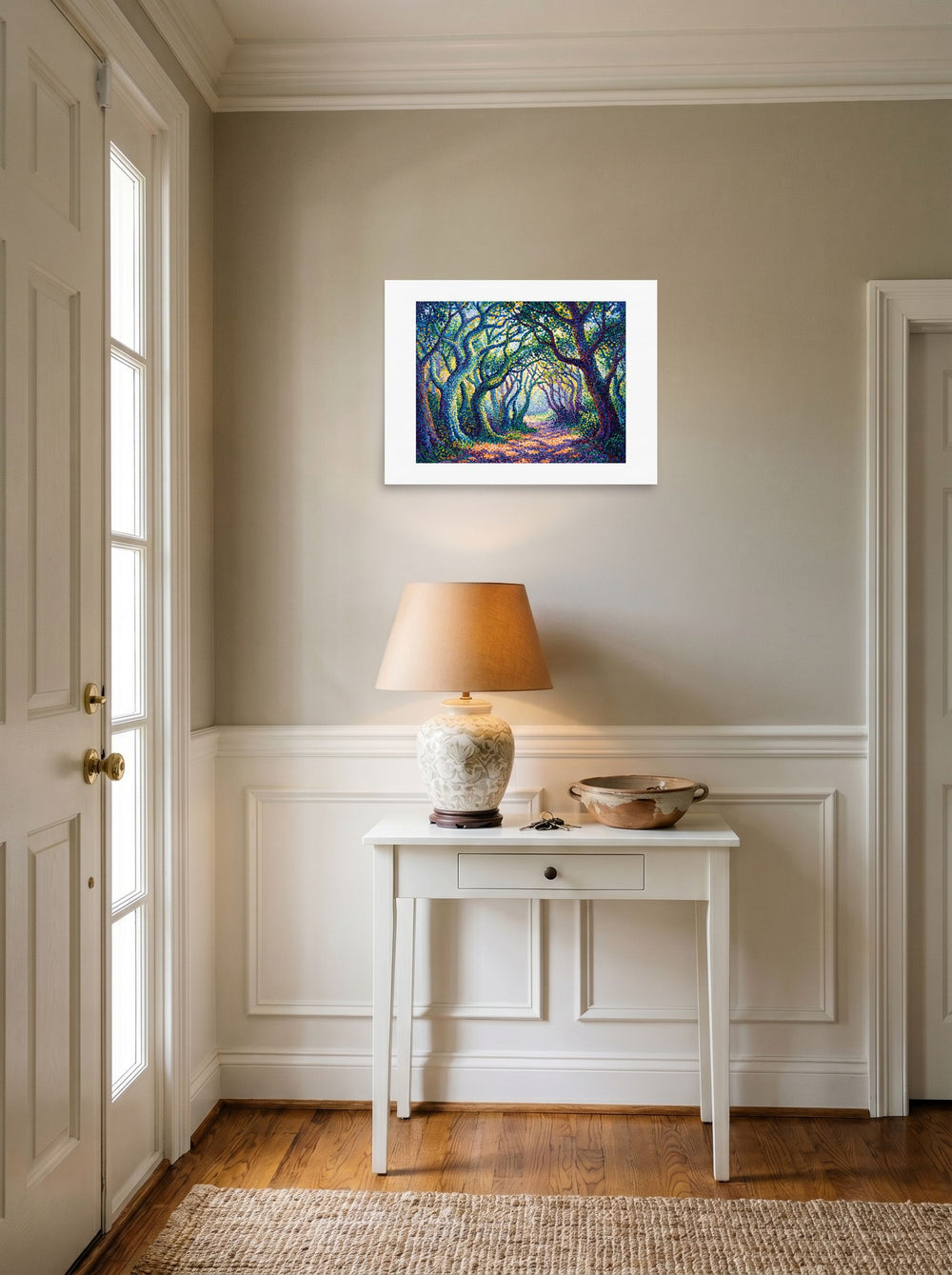 24x18 inch unframed paper print of 'The Enchanted Forest Path', hanging in an entryway near a console.