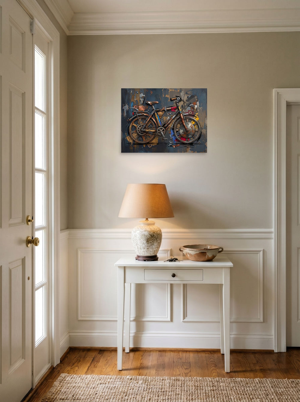 unframed paper wall art 'Mechanical Cadence' hanging in an entryway near a console, at 24x18 inch.