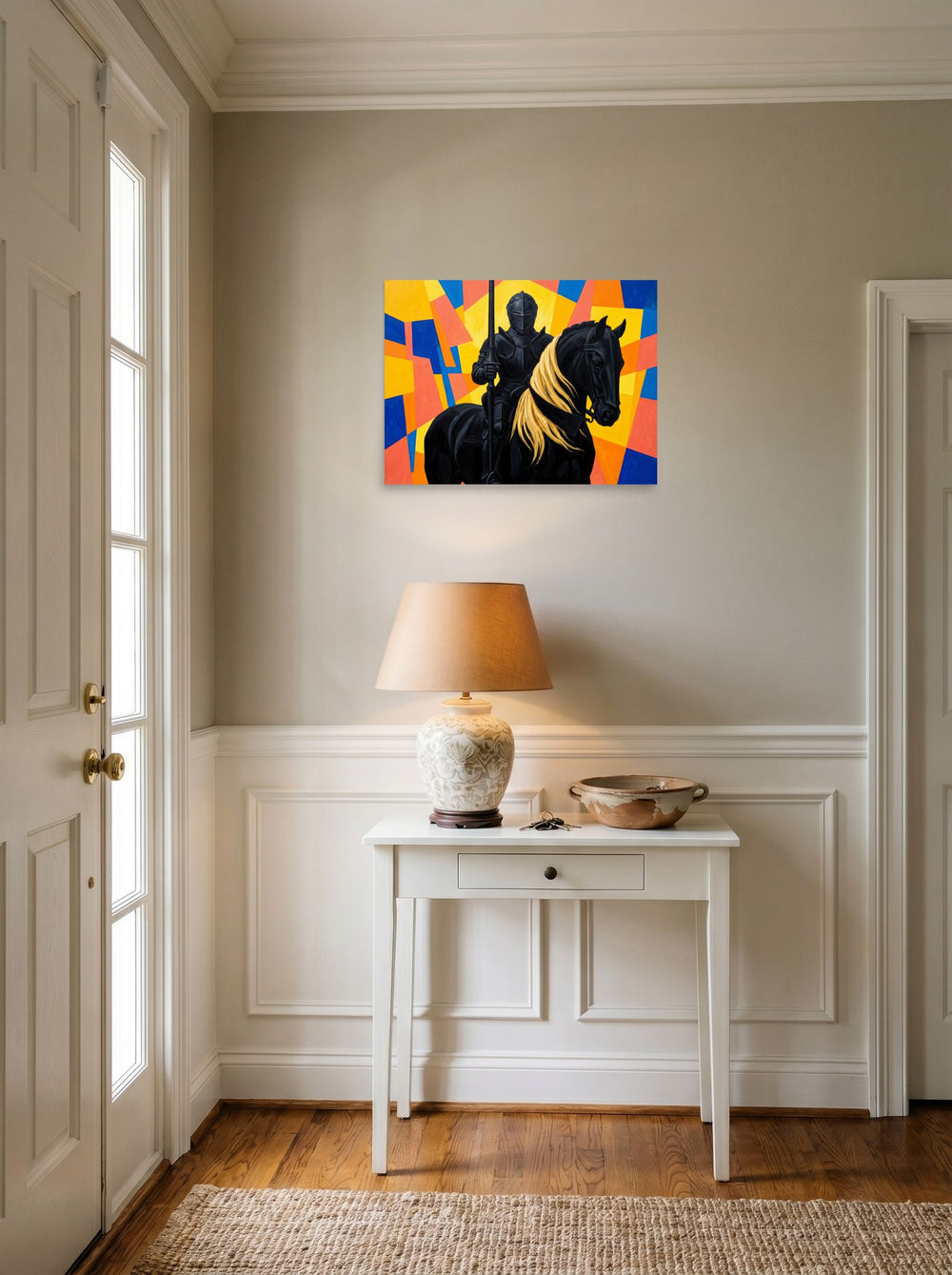 A 24x18 inch unframed paper Cubism,Figurative art print of 'The Abstract Knight' hanging in an entryway near a console.