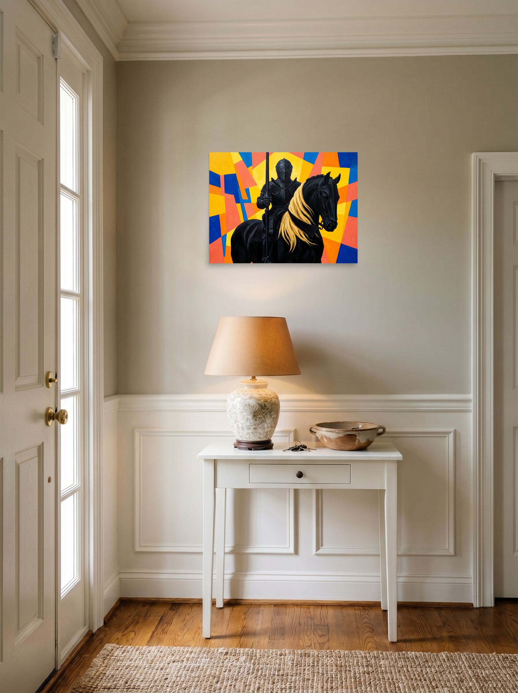 A 24x18 inch unframed paper Cubism,Figurative art print of 'The Abstract Knight' hanging in an entryway near a console.