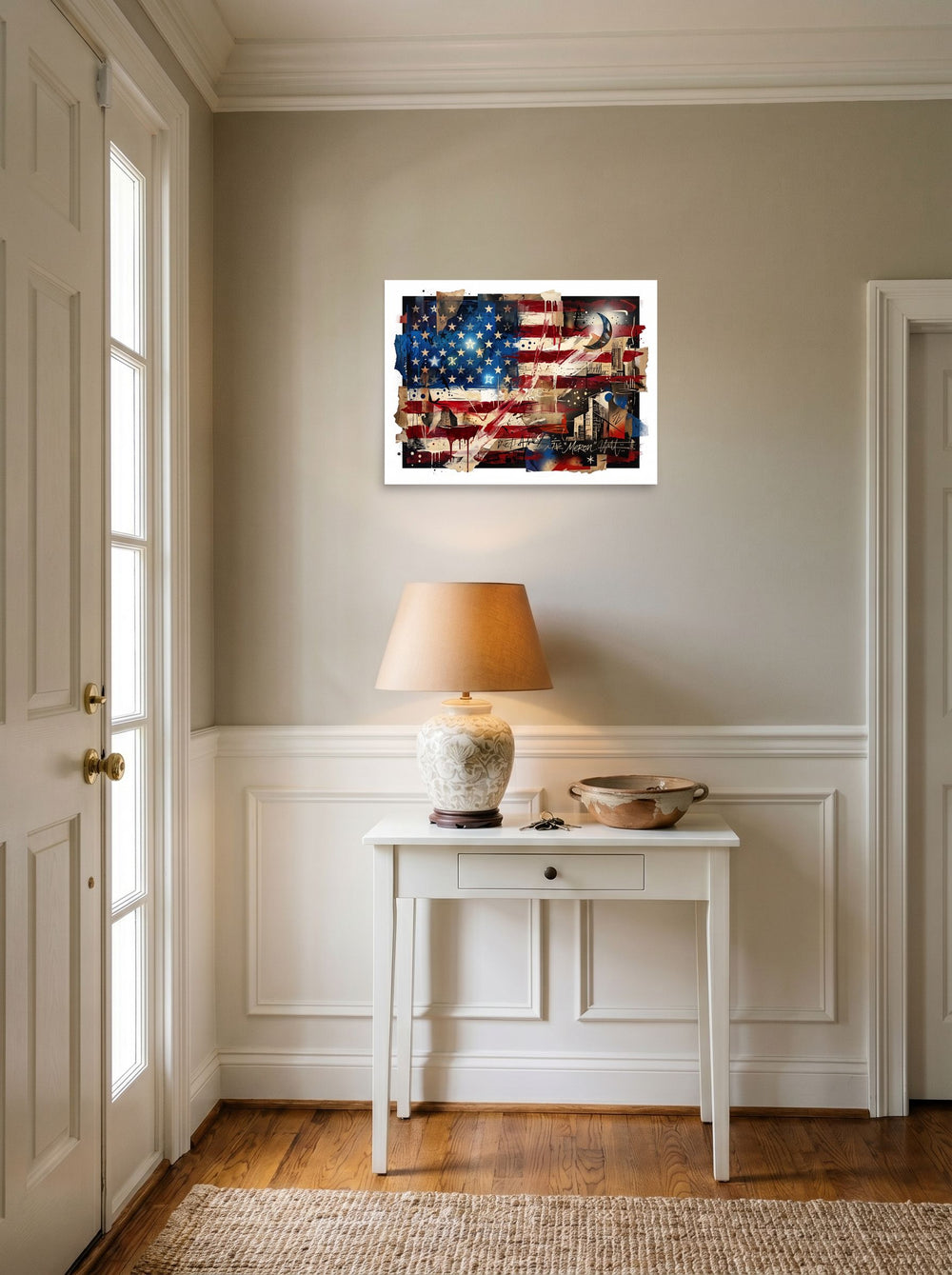 A unframed paper print of the Dau-al-Set artwork 'Deconstructed Anthem', set against a bright entryway wall.