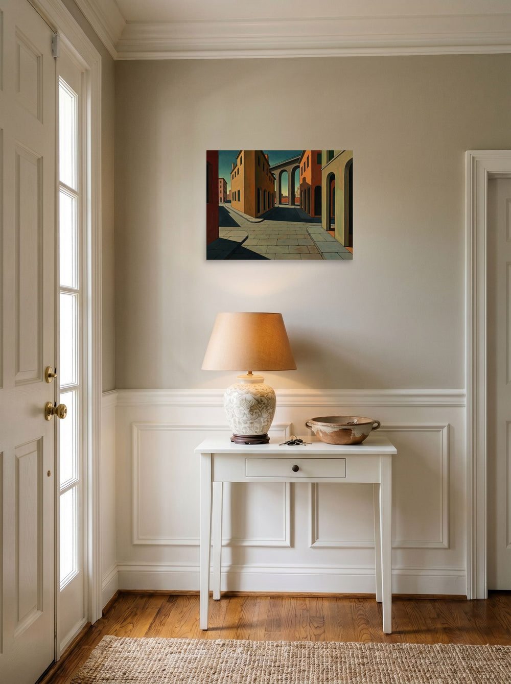 A 24x18 inch unframed paper Metaphysical painting print of 'The Silent Intersection' hanging in an entryway near a console.