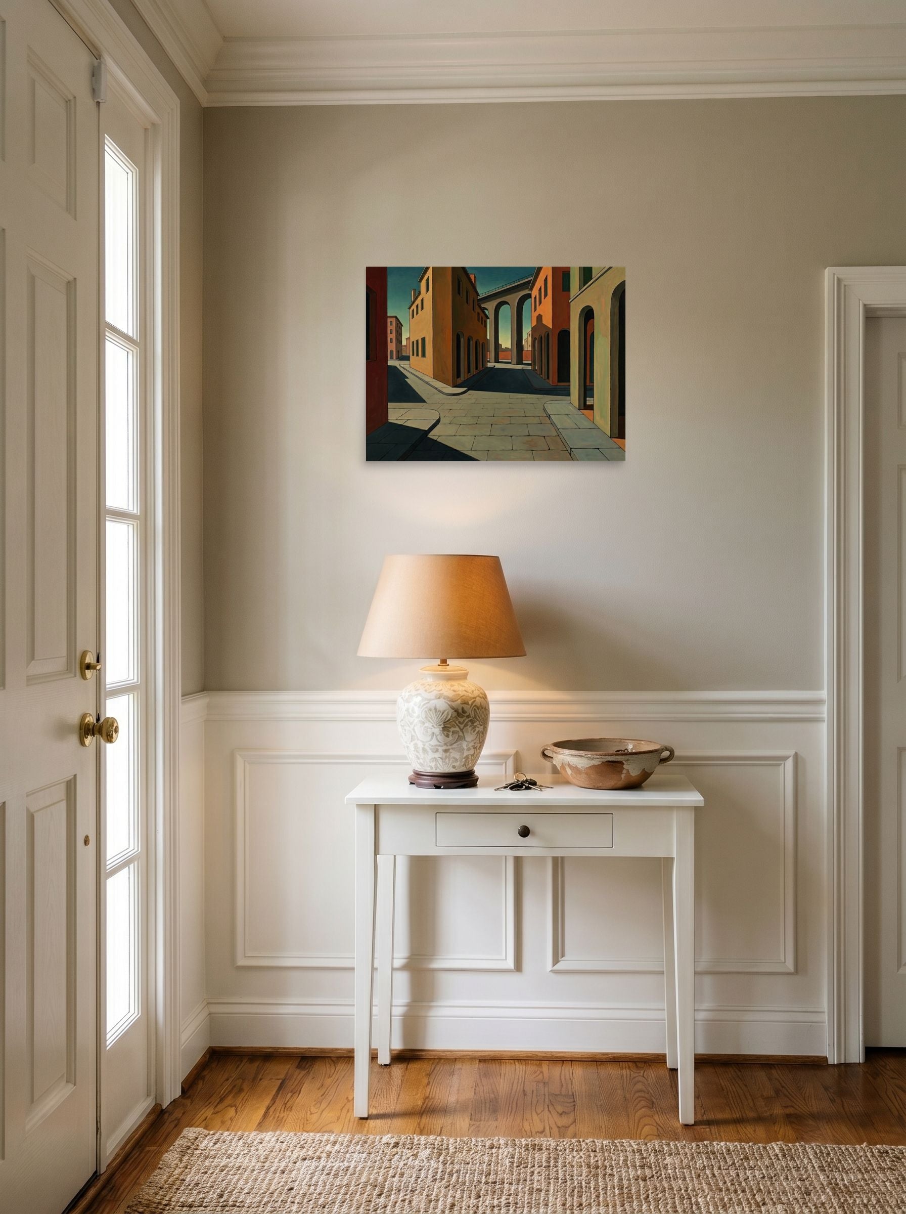 A 24x18 inch unframed paper Metaphysical painting print of 'The Silent Intersection' hanging in an entryway near a console.