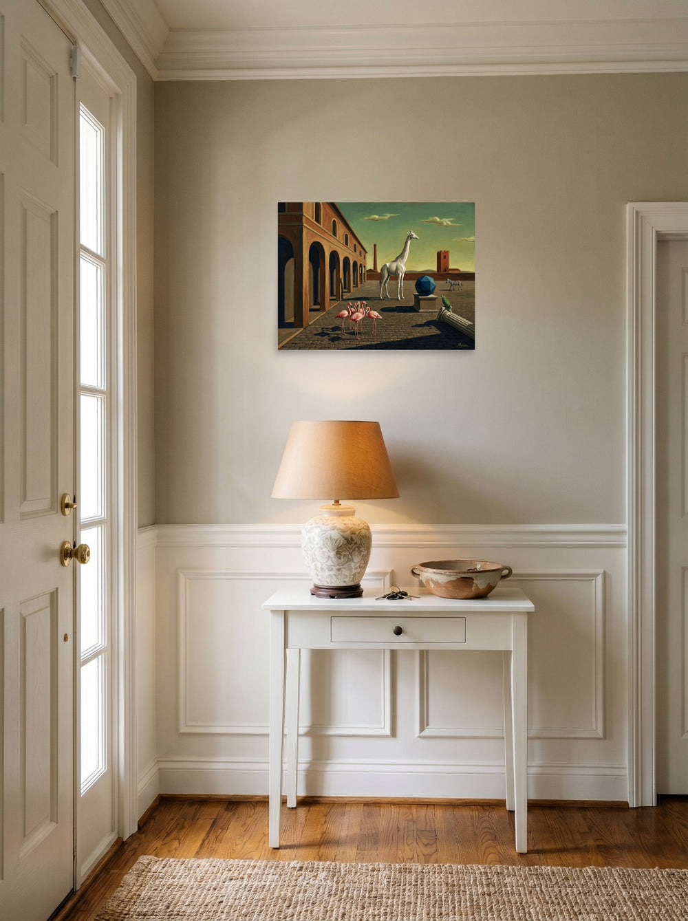 A 24x18 inch unframed paper Surrealism print of 'The Giraffe's Geometry' hanging in an entryway near a console.