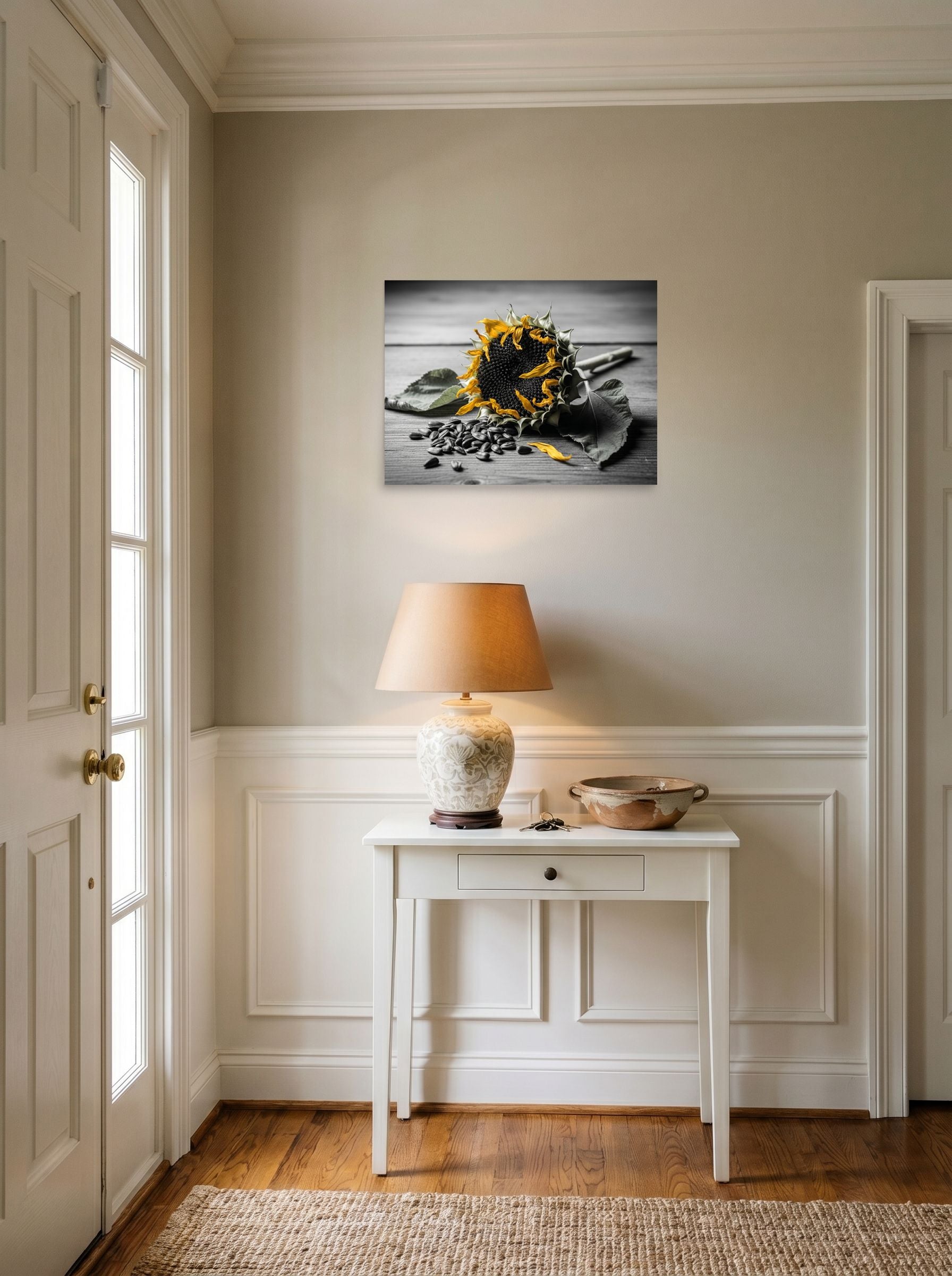 A 24x18 inch unframed paper Art photography print of 'Harvest Echoes' hanging in an entryway near a console.