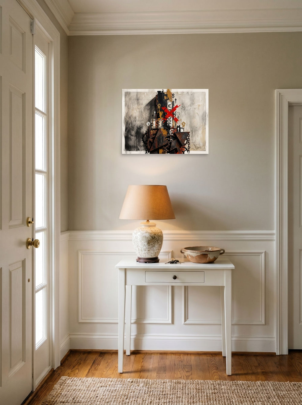 See 'The Currency of Protest' as a unframed paper print (24x18 inch), hanging in an entryway near a console.