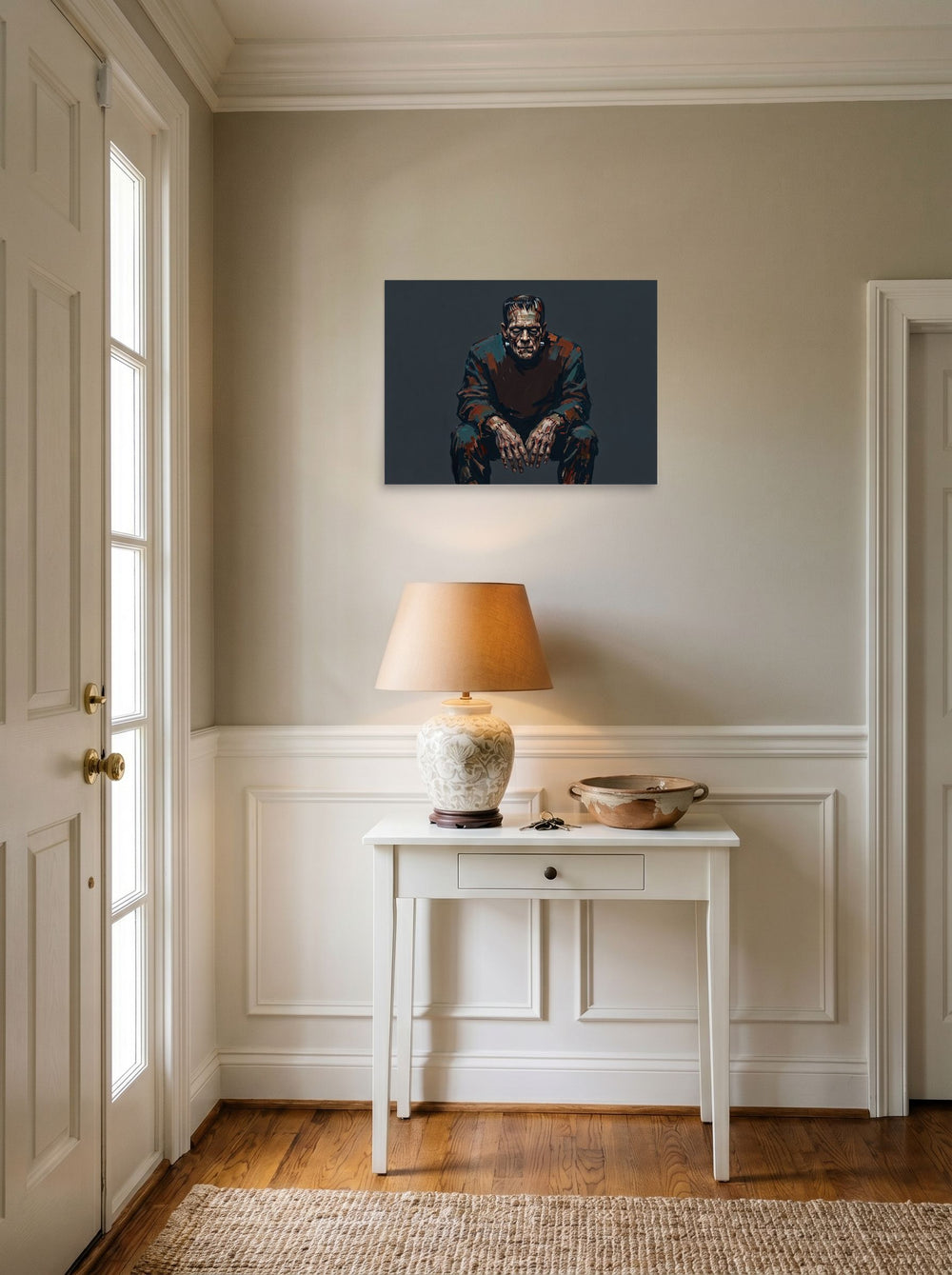 'Frankenstein's Solitude' hanging in an entryway near a console, printed as unframed paper at 24x18 inch.