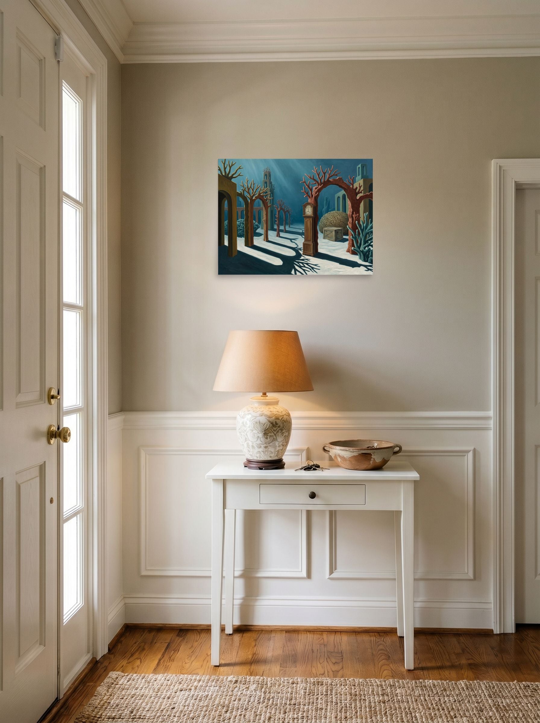 A 24x18 inch unframed paper Surrealism print of 'The Sunken Hours' hanging in an entryway near a console.