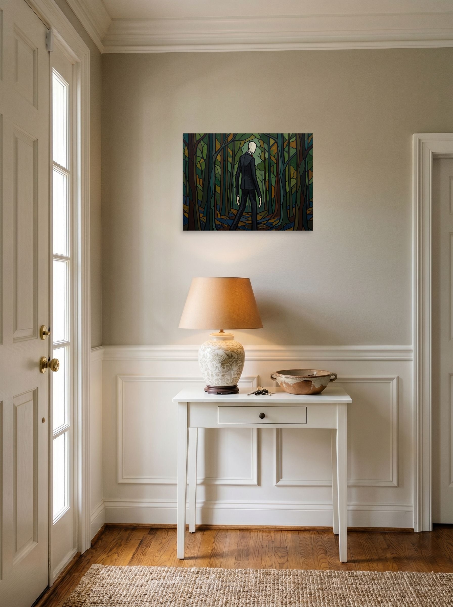 A 24x18 inch unframed paper Cloisonnism,Pop art print of 'The Faceless Figure' hanging in an entryway near a console.