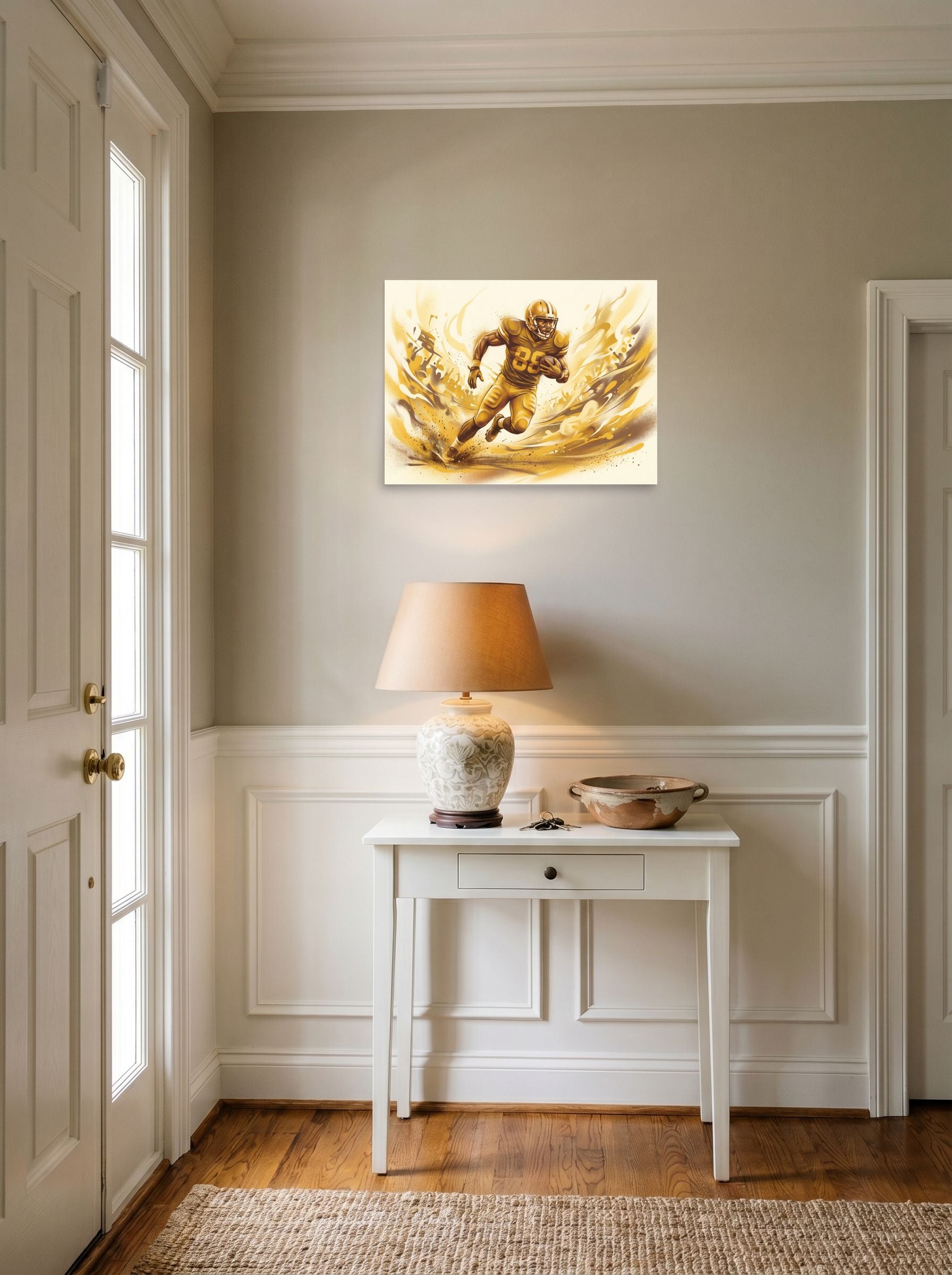 A 24x18 inch unframed paper Figurative art print of 'Golden Gridiron' hanging in an entryway near a console.