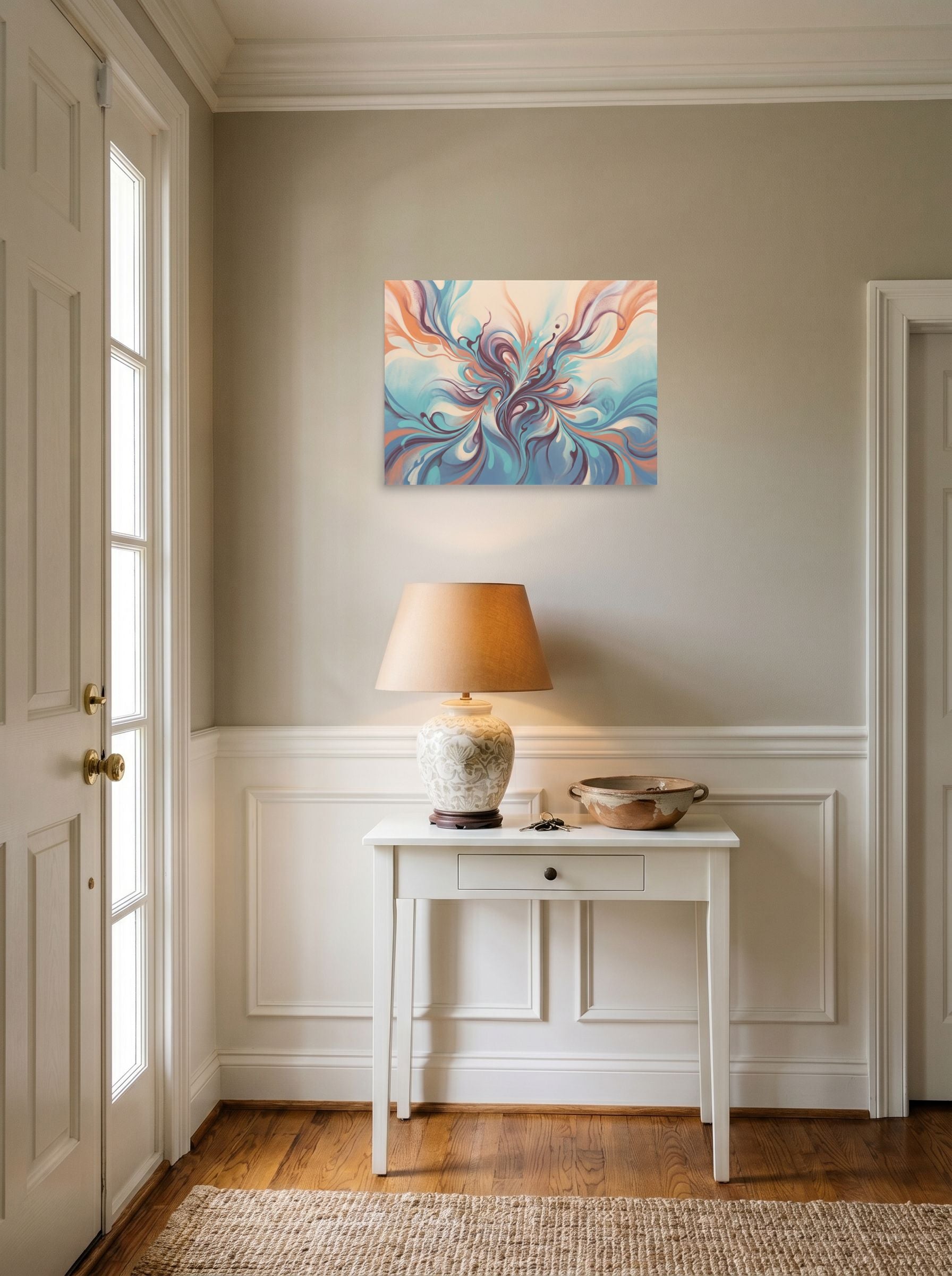 A 24x18 inch unframed paper Abstract art print of 'Aqua Arabesque' hanging in an entryway near a console.