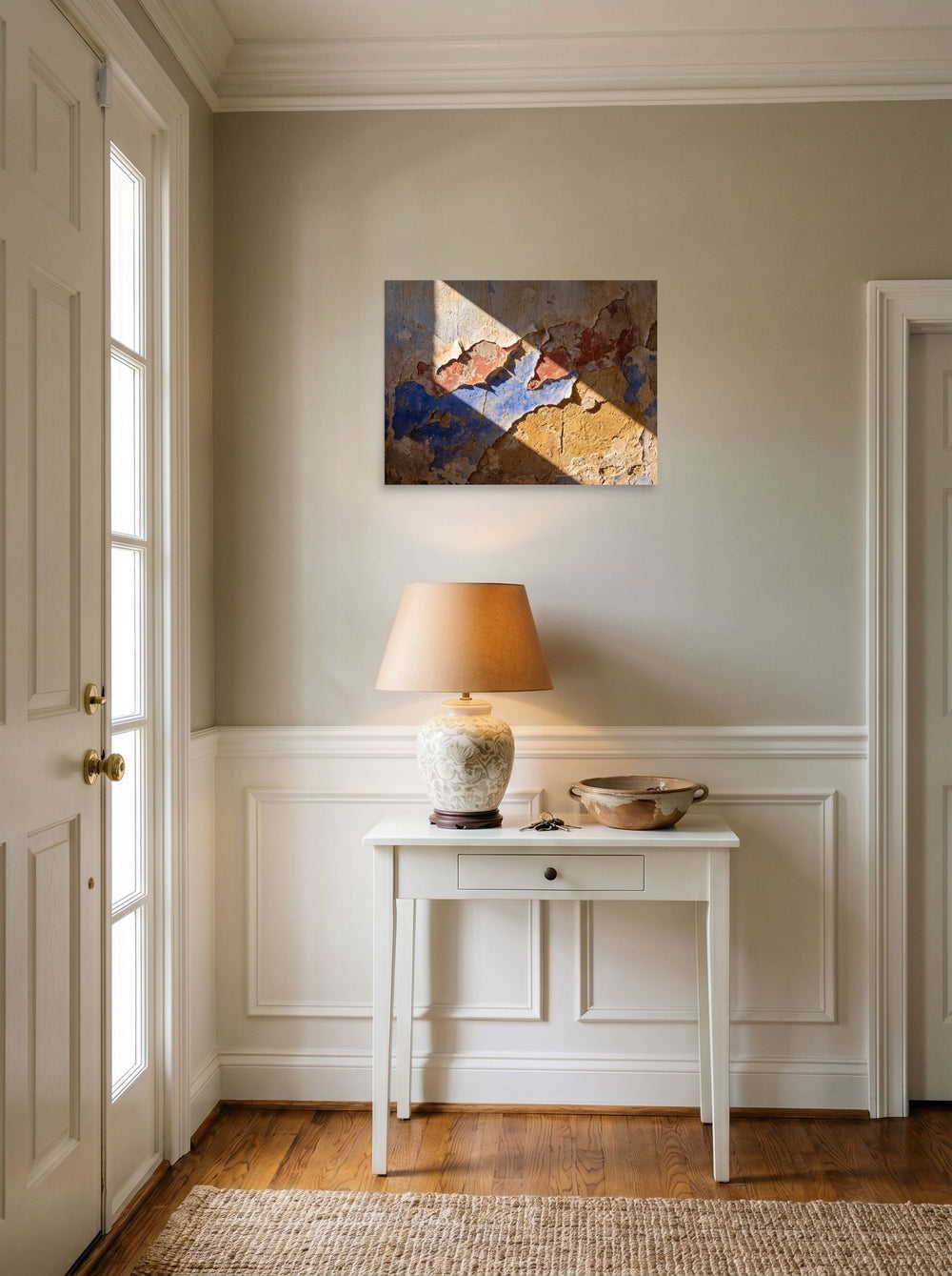 A 24x18 inch unframed paper Art photography print of 'Palimpsest in Sunlight' hanging in an entryway near a console.
