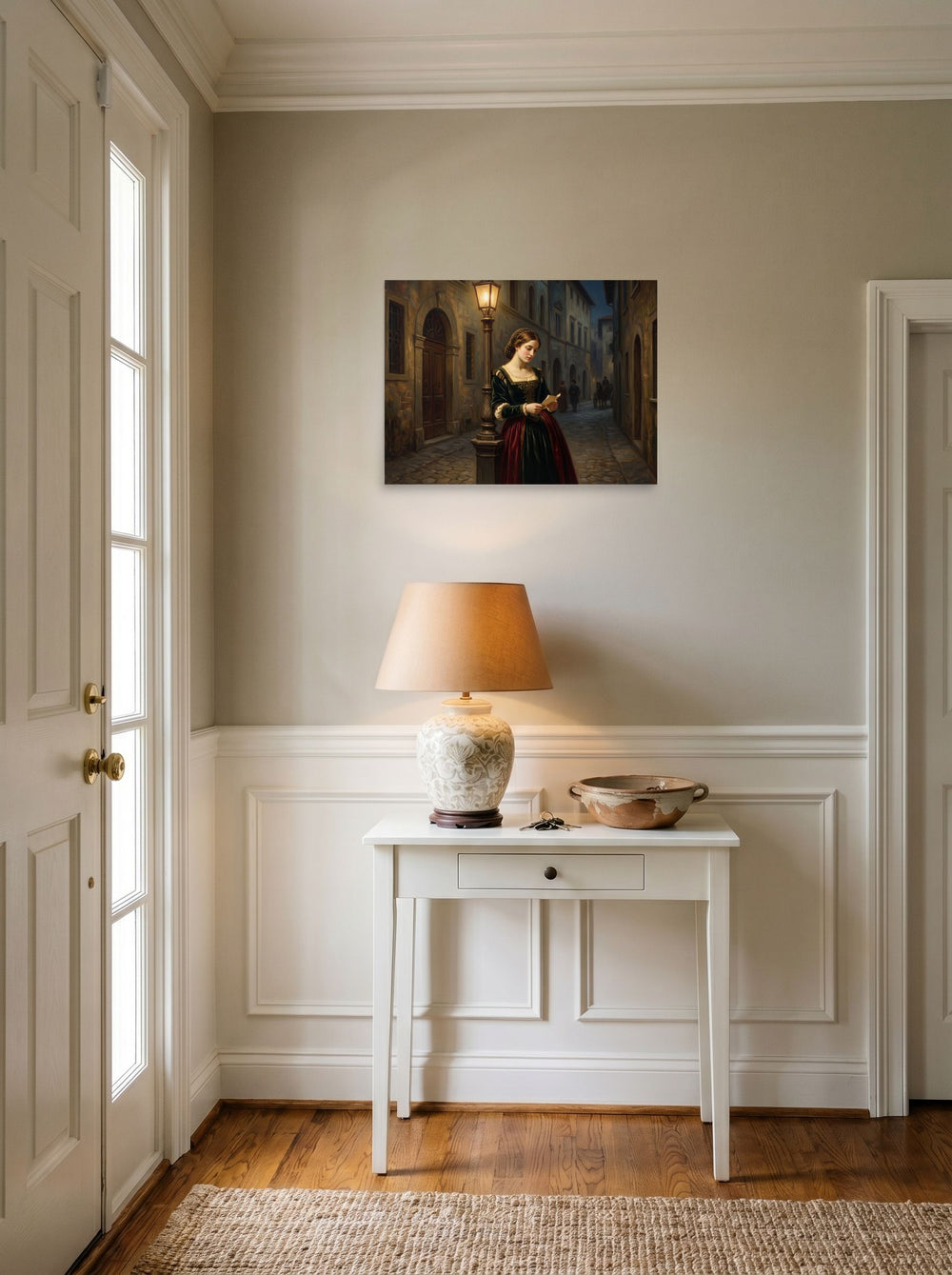 'Letters by Lamplight' in 24x18 inch unframed paper, set against a bright entryway wall.