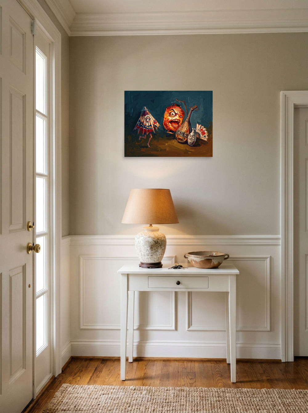See 'Night of the Tsukumogami' as a unframed paper print (24x18 inch), set against a bright entryway wall.