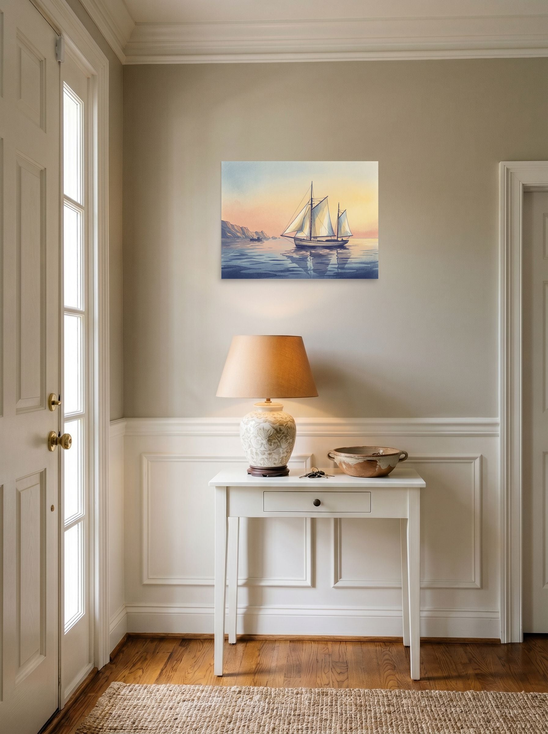 A 24x18 inch unframed paper Impressionism print of 'Golden Voyage' hanging in an entryway near a console.