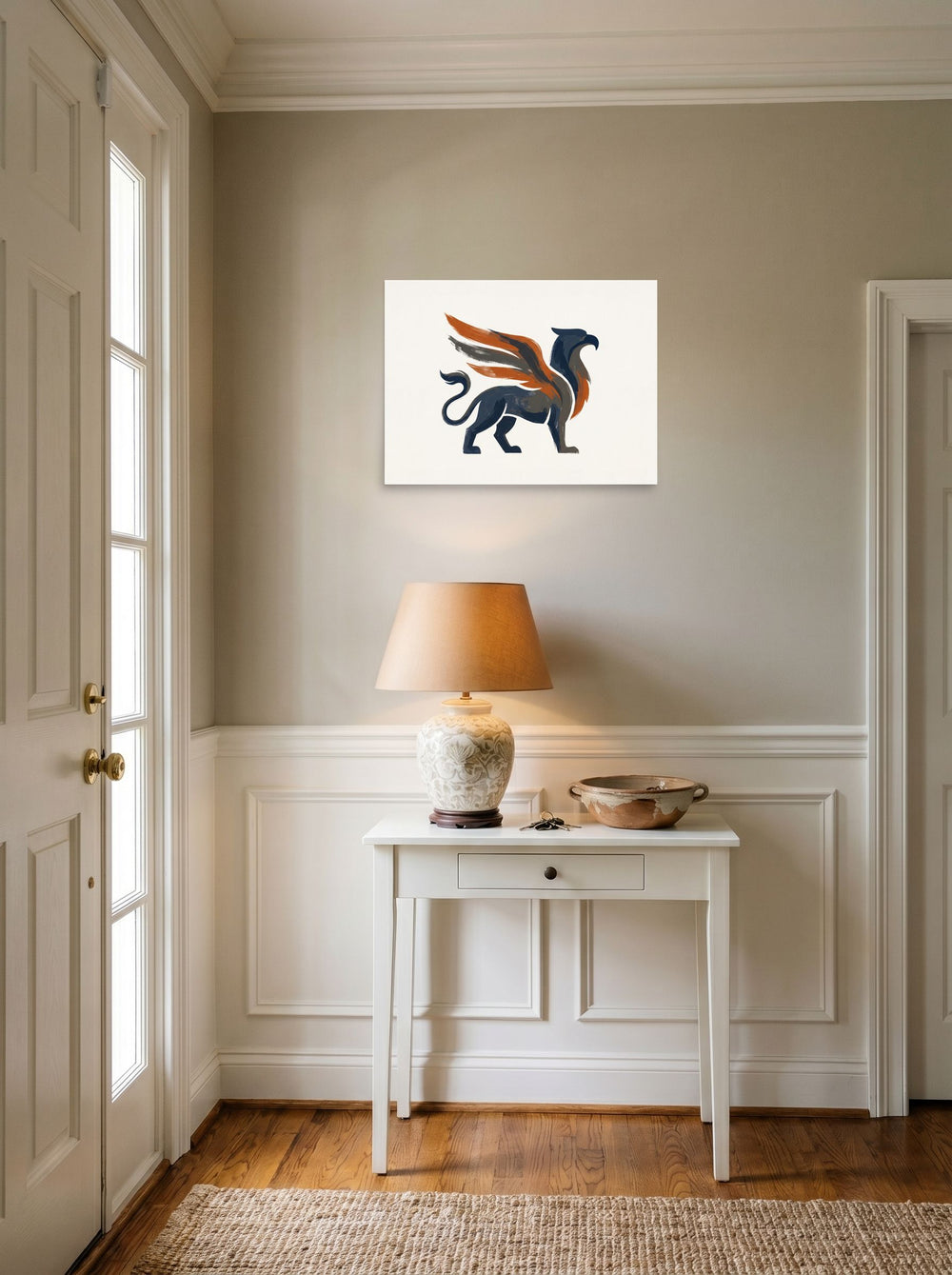 'Guardian Griffin', a Modernism print set against a bright entryway wall. Shown as unframed paper, 24x18 inch.