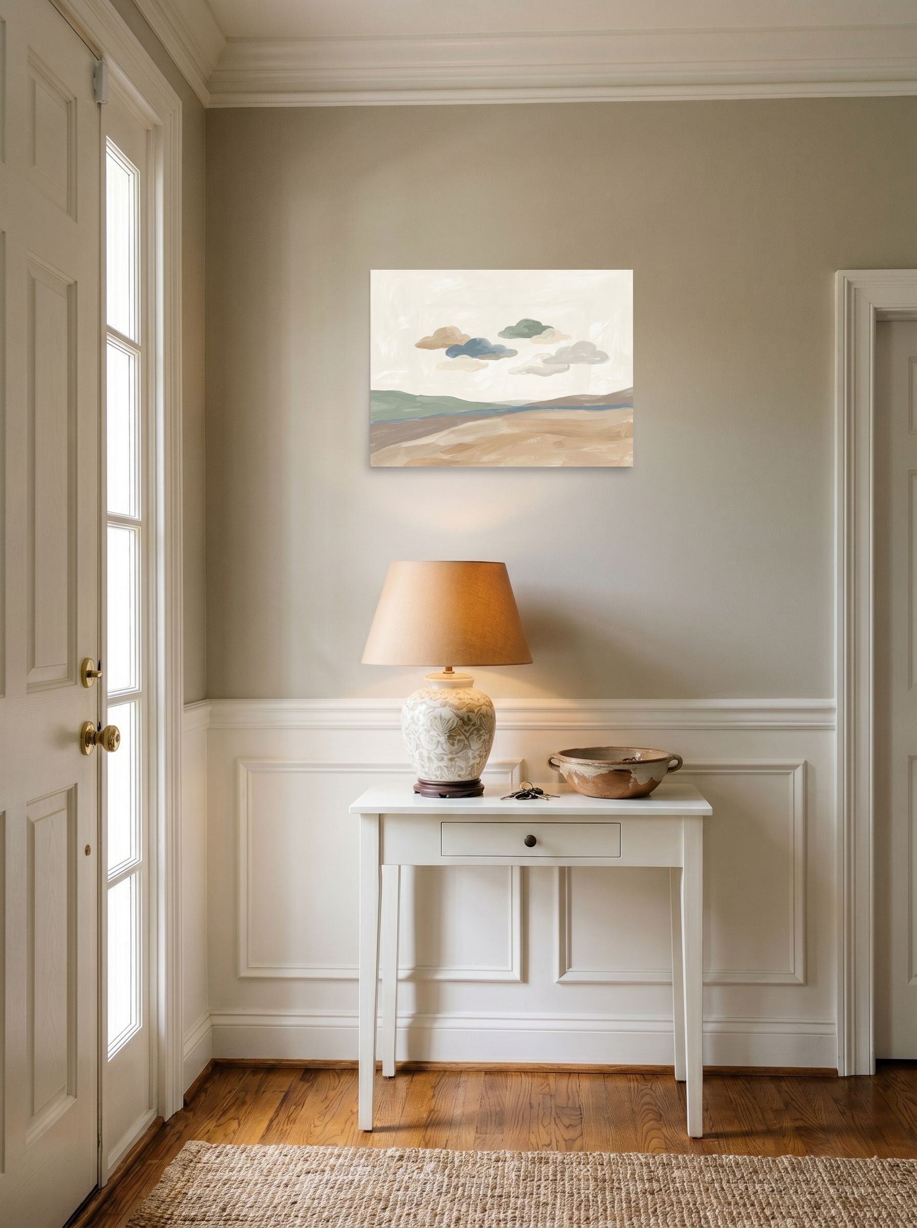 A 24x18 inch unframed paper Minimalism print of 'Whispering Horizons' hanging in an entryway near a console.
