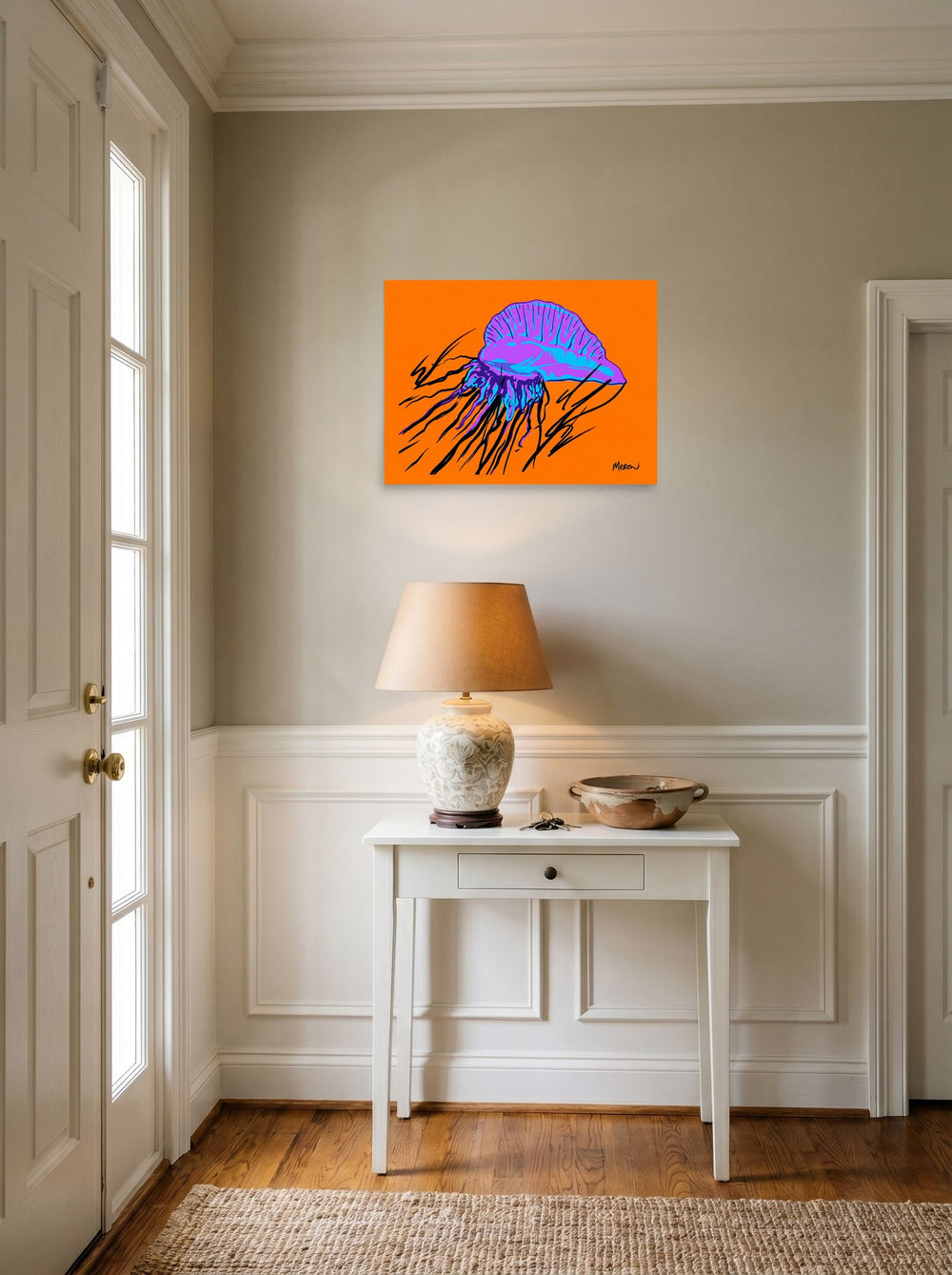 A 24x18 inch unframed paper Pop art print of 'Neon Man o' War' hanging in an entryway near a console.