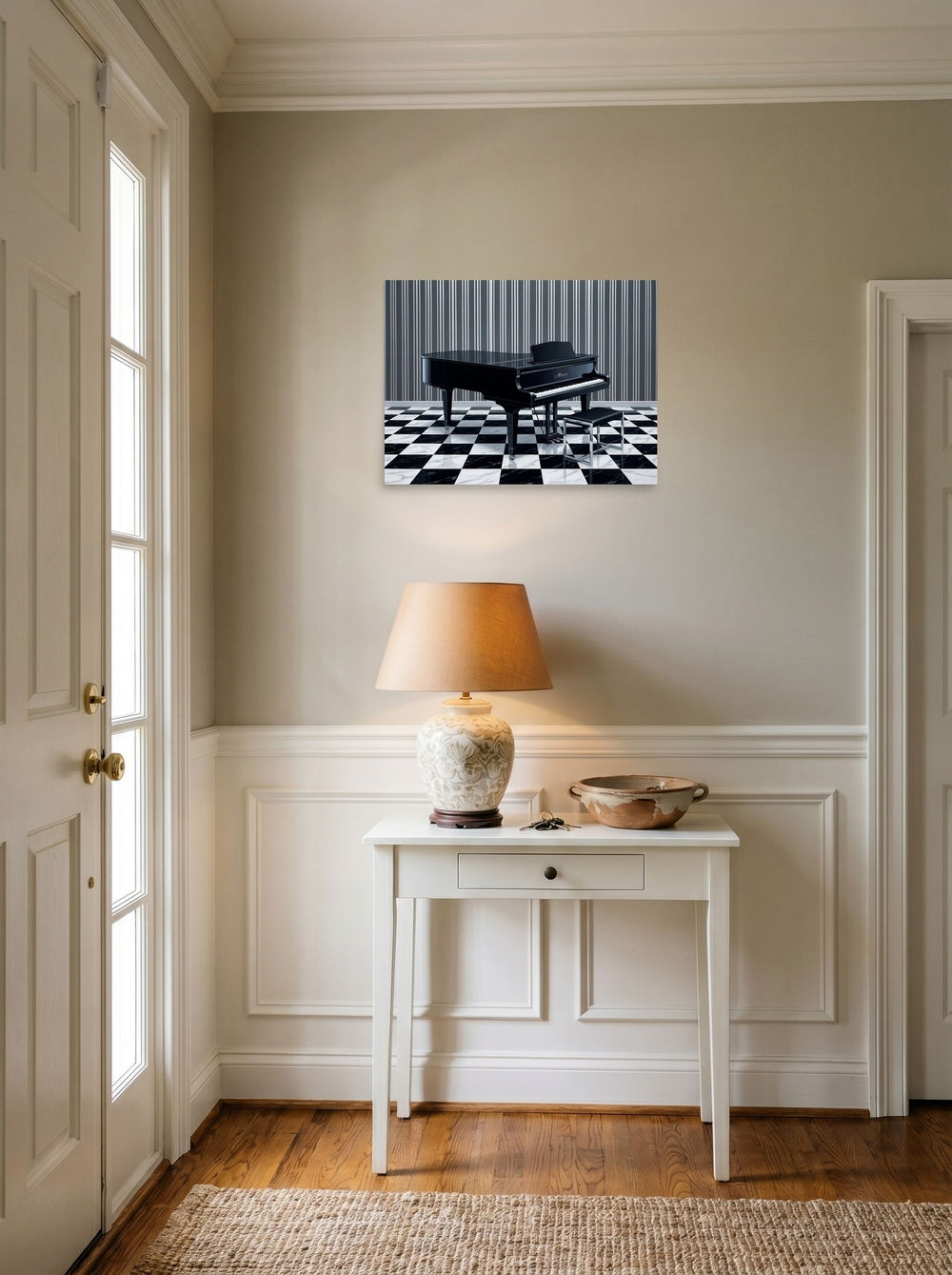A 24x18 inch unframed paper Art Deco print of 'The Deco Piano' hanging in an entryway near a console.