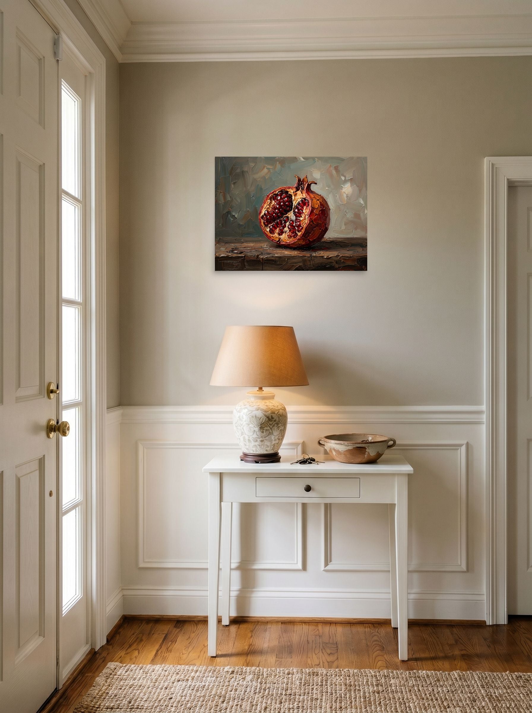 A 24x18 inch unframed paper Realism print of 'The Open Pomegranate' hanging in an entryway near a console.