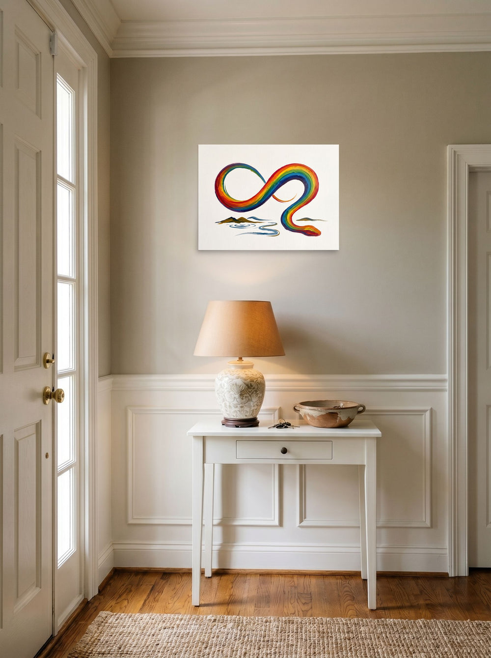 'Eternal Rainbow Serpent' hanging in an entryway near a console. A 24x18 inch unframed paper Expressionism print.