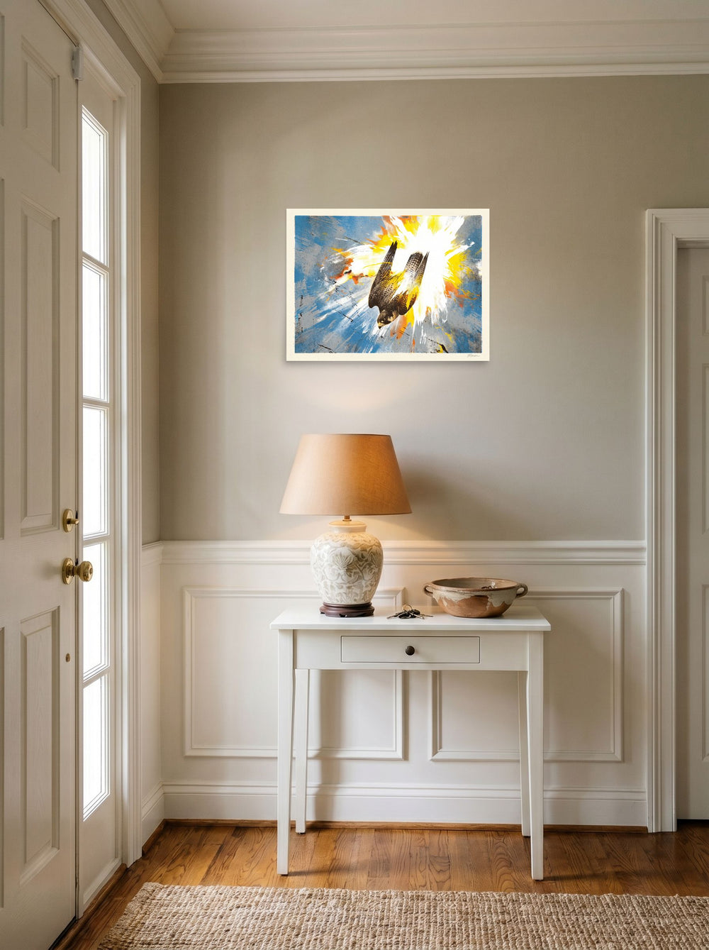 A unframed paper print of the Pop art artwork 'Terminal Stoop', set against a bright entryway wall.