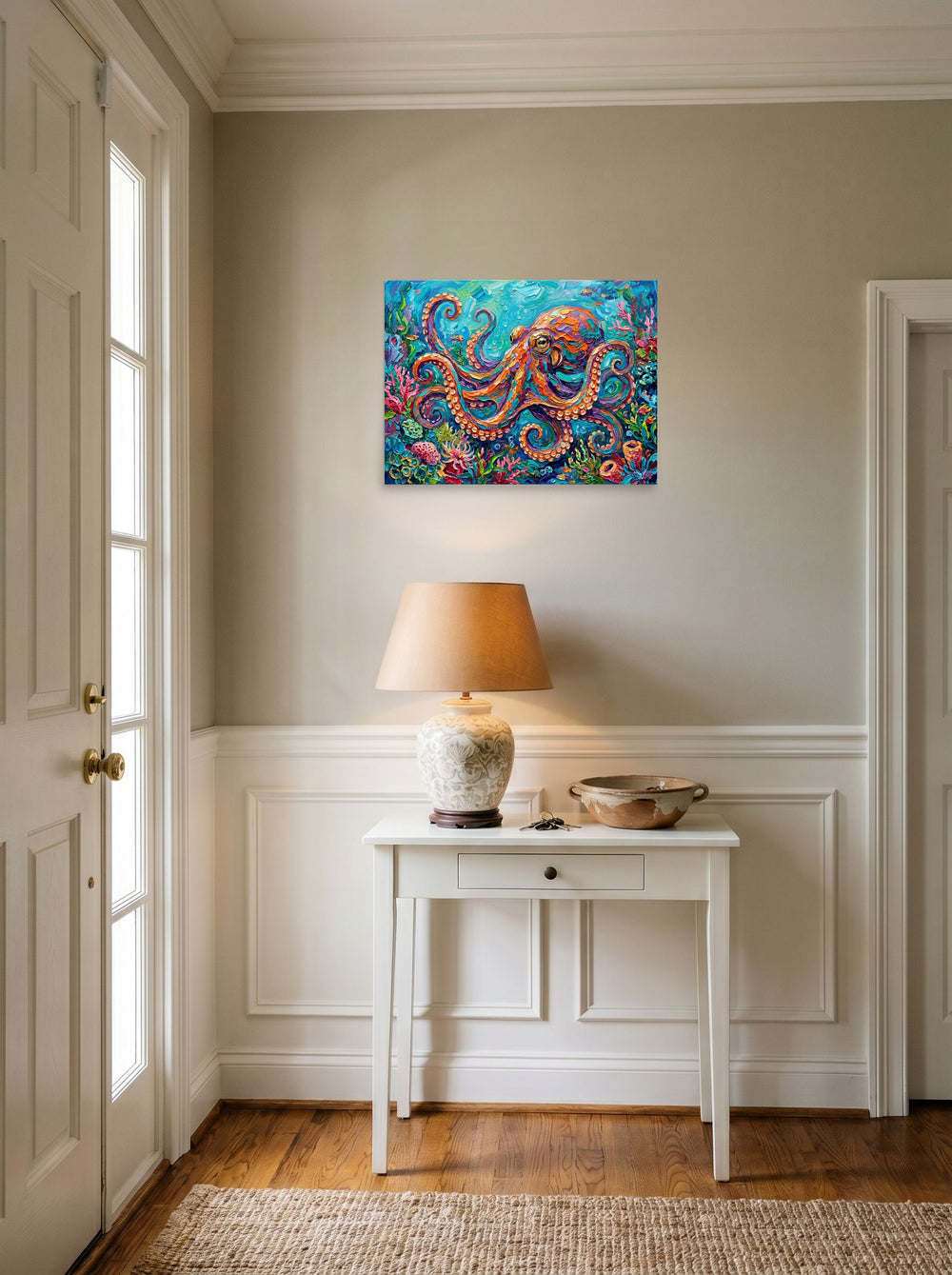 A 24x18 inch unframed paper Impressionism print of 'The Vibrant Octopus' hanging in an entryway near a console.