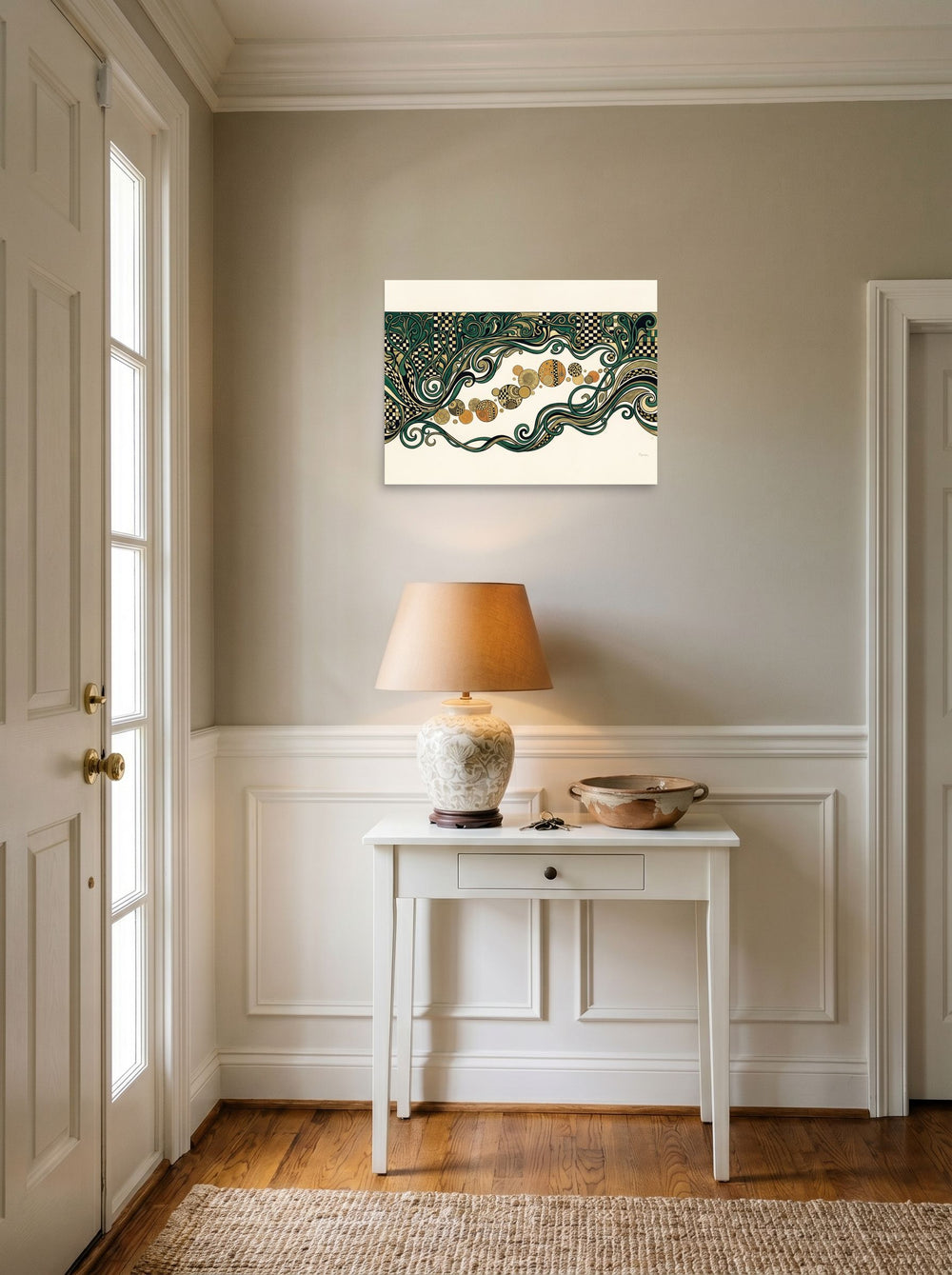 'The Golden Frieze' in 24x18 inch unframed paper, hanging in an entryway near a console.