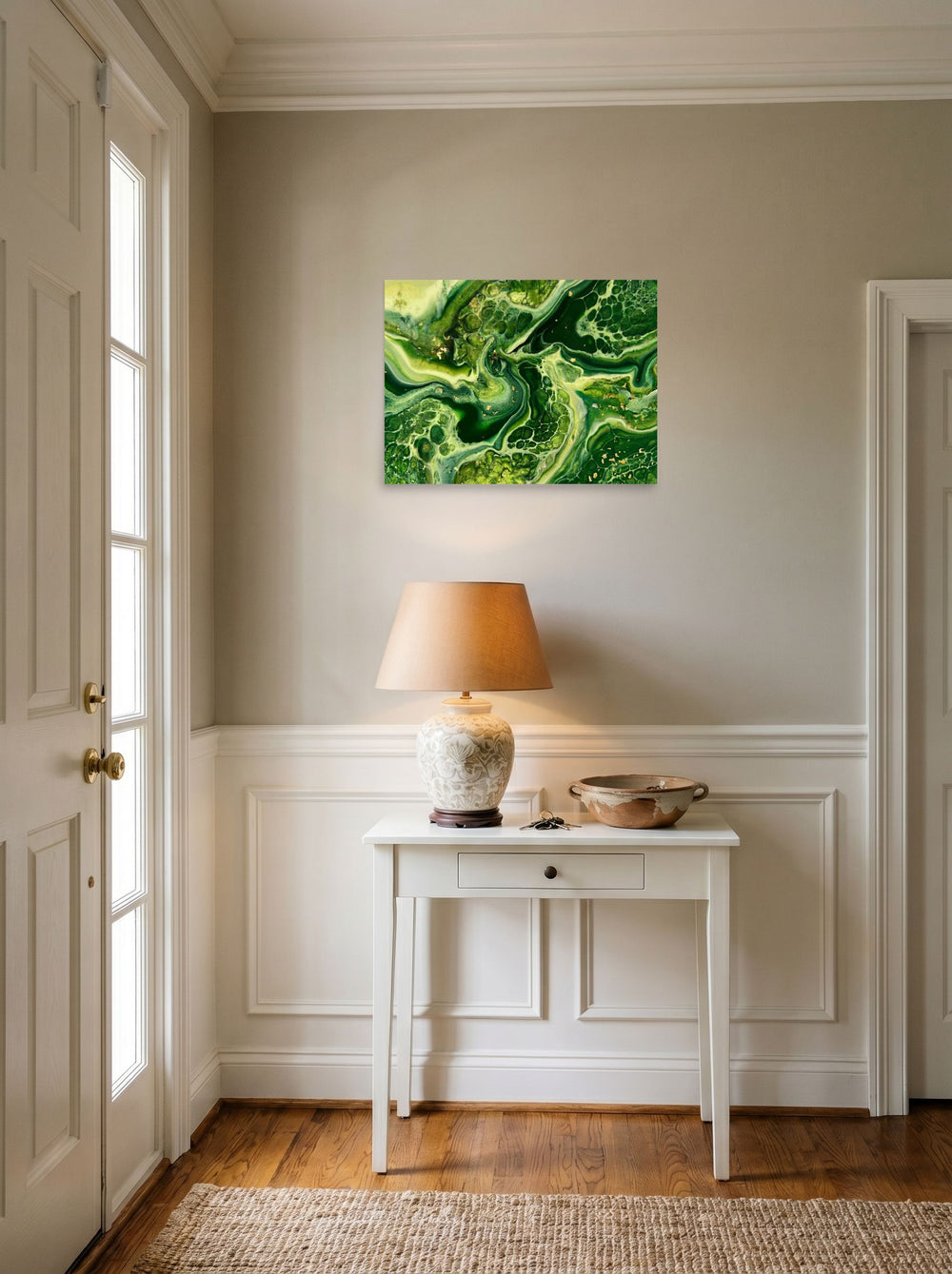 A 24x18 inch unframed paper Abstract art print of 'Emerald Flow' hanging in an entryway near a console.