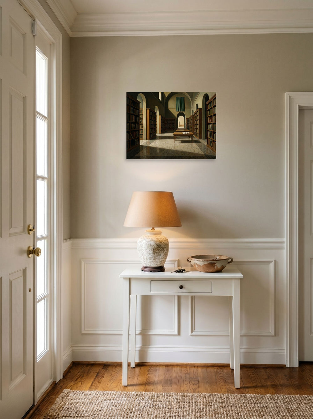 A 24x18 inch unframed paper Metaphysical painting print of 'The Silent Archive' hanging in an entryway near a console.